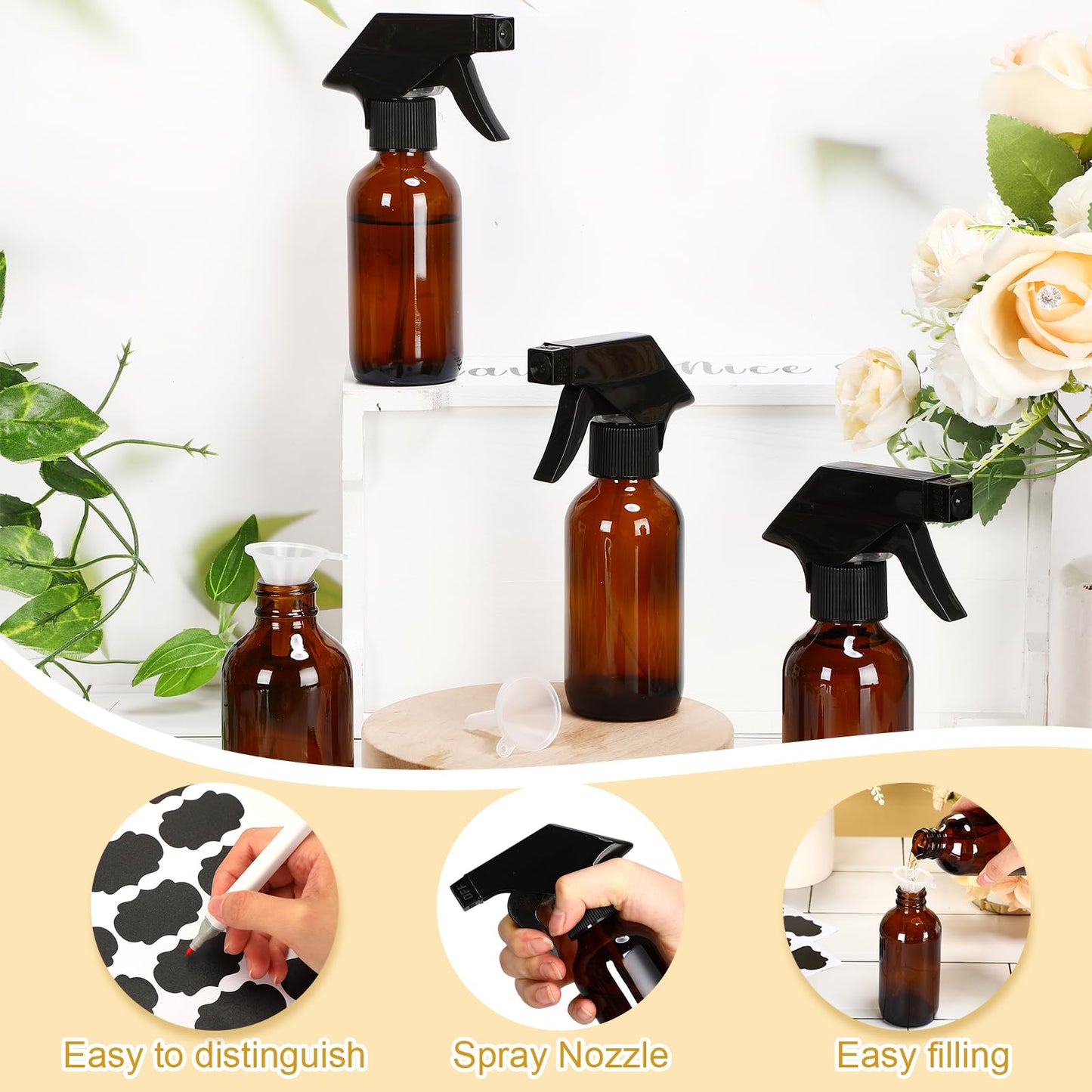 Fumete 20 Pcs 4 oz Glass Spray Bottles Empty Refillable Sprayer Containers with Funnels Labels Black Trigger Sprayers Spray Bottles for Essential Oil DIY Kitchen Hair Plants(Amber)