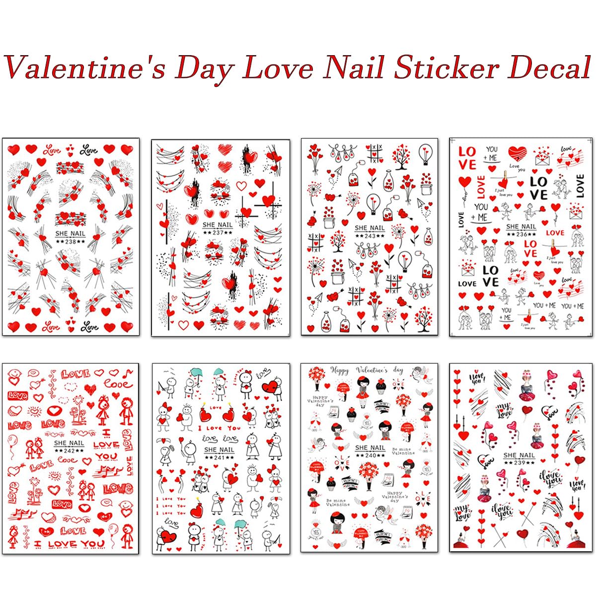 Valentines Day Nail Stickers Decals DIY Self-Adhesive Red Valentines Nail Art Romance Love Lovers Heart Sexy Nail Stickers Design Valentines Supplies Nail Decorations for Women Girls (8 Sheets)