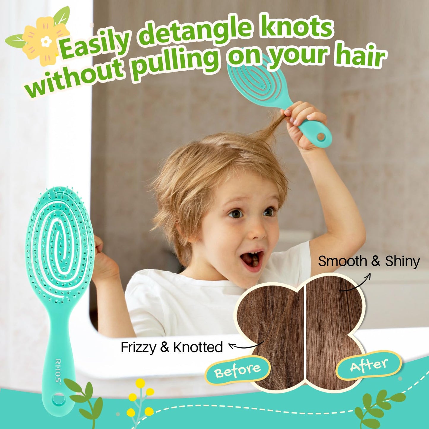 RHOS Detangler Brush for Kids - Soft Bristles for Curly, Thin, Short, Long, Wet & Dry Hair - Small Vented Design, Easy to Clean (1 Pack - Green)