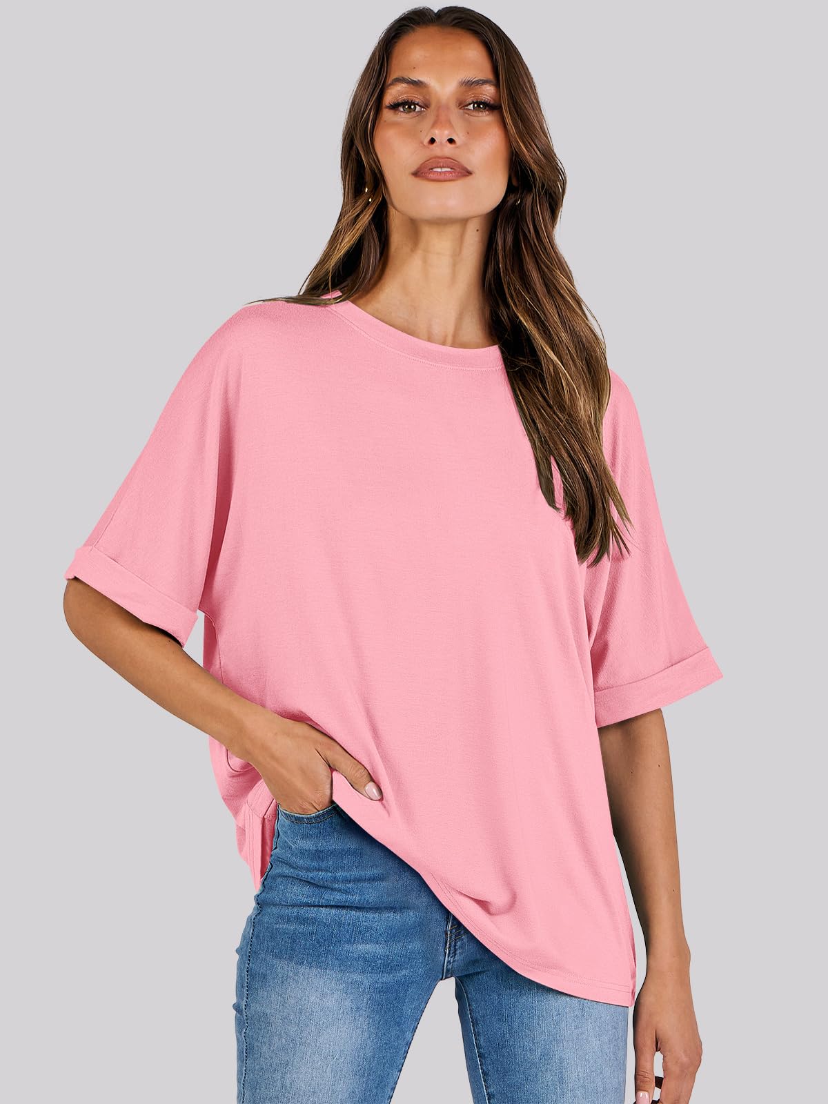 ANRABESS Women's Oversized T Shirts Short Sleeve Crewneck Summer Tops Casual Loose Basic Tee Shirts 2024 Trendy Clothes Pink Small