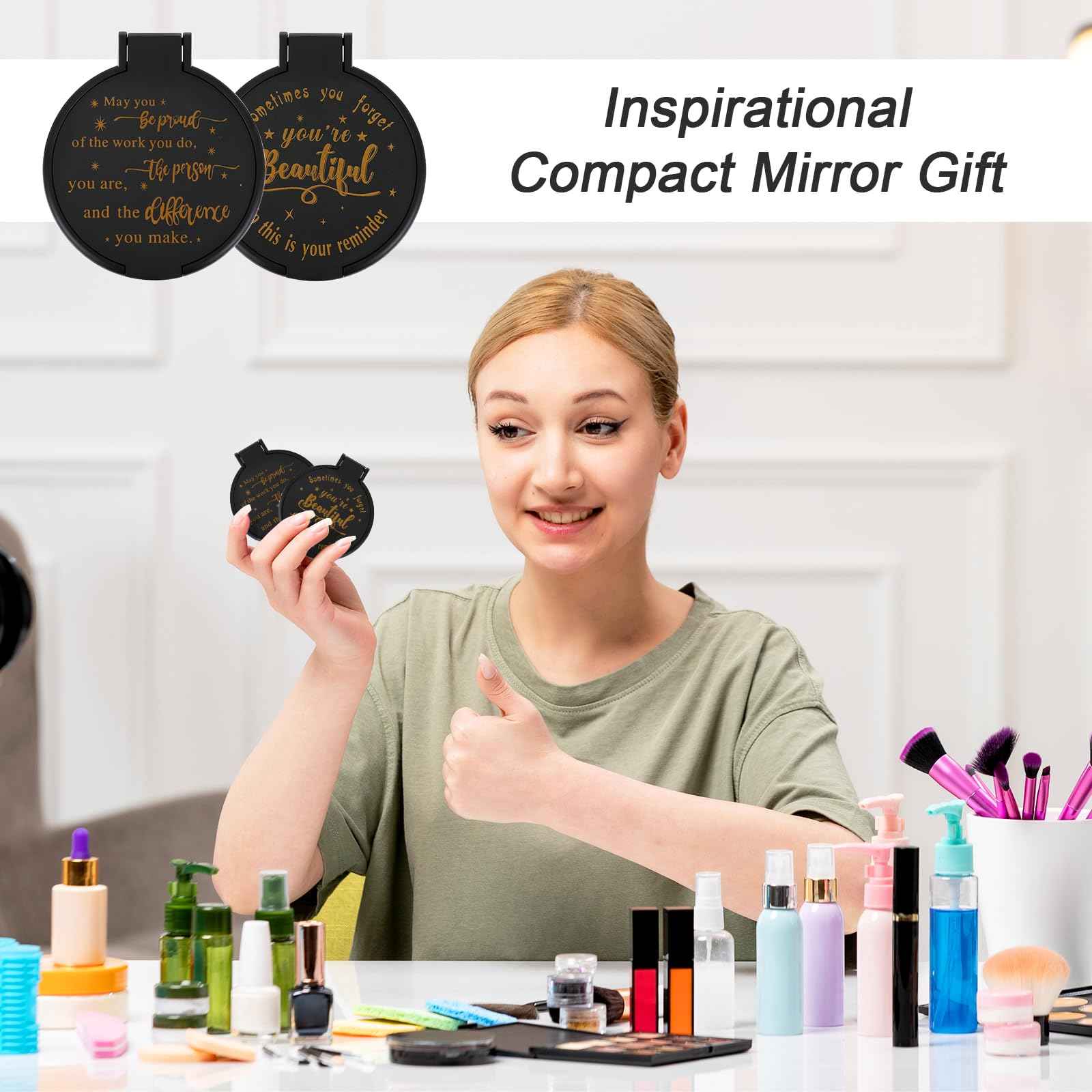 100pcs Black Compact Mirror Bulk Gifts for Women, Mini Inspirational Purse Handheld Makeup Pocket Mirror, Round Portable Makeup Folding Mirrors Gift for Christmas Valentine Daily Travel Coworker