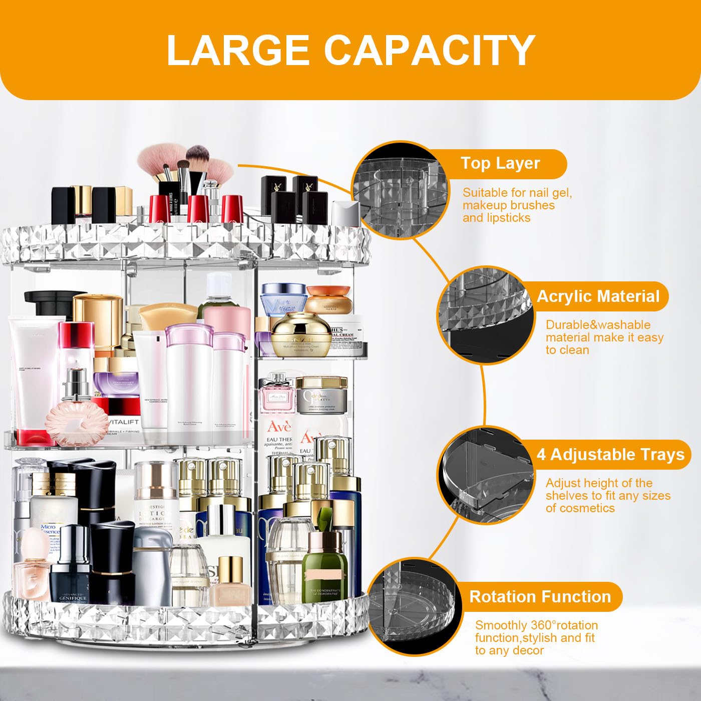 MISERWE Makeup Organizer 360 Degree Rotating 7 Adjustable Layers Large Capacity Cosmetic Organizer Transparent Make Up Organizers and Storage