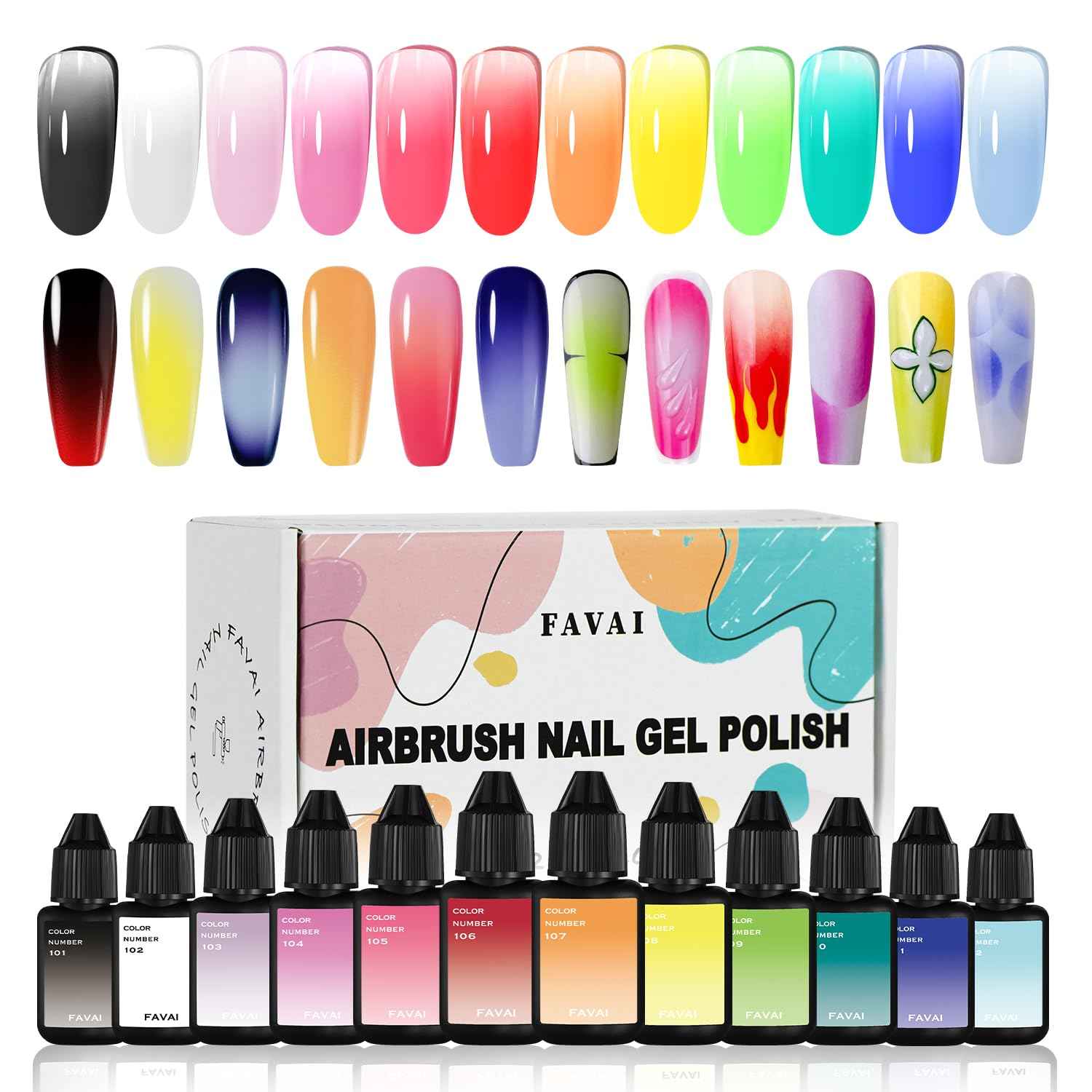 FAVAI Professional Airbrush Gel Nail Set - HOT 12 Collection | Original Airbrush Nail Formula | Fast-Dry, Smooth Gradient, Salon-Quality Finish Gel Nail Polish, Nail Design Decoration at Home,12 PCS