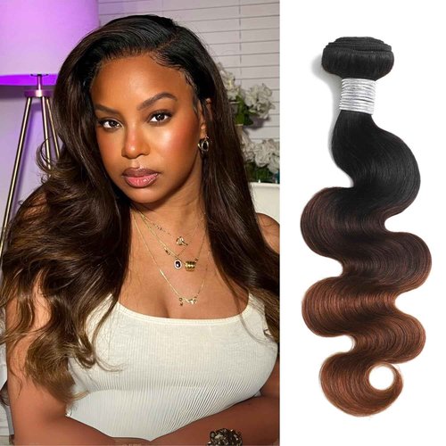 AUROO T1B/2/30 Chestnut Brown Ombre Human Hair Bundles Body Wave, 12A Thick Track 100% Virgin Human Hair Bundles Dark Roots Bundle 3 Tone Ombre Medium Auburn Colored Single Bundle Quick Weaves 12 Inch