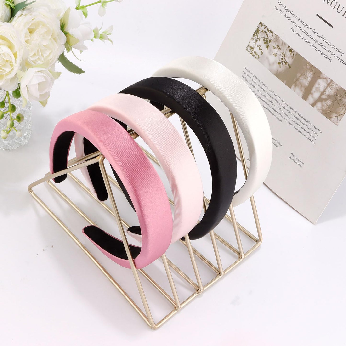 SuPoo Padded Headbands White Headbands for Women Girls Preppy Soft Thick Hairbands Wide Head Band Non Slip Fashion Satin Silky Hair Band Hoop Trendy Hair Accessories diademas para mujer de moda