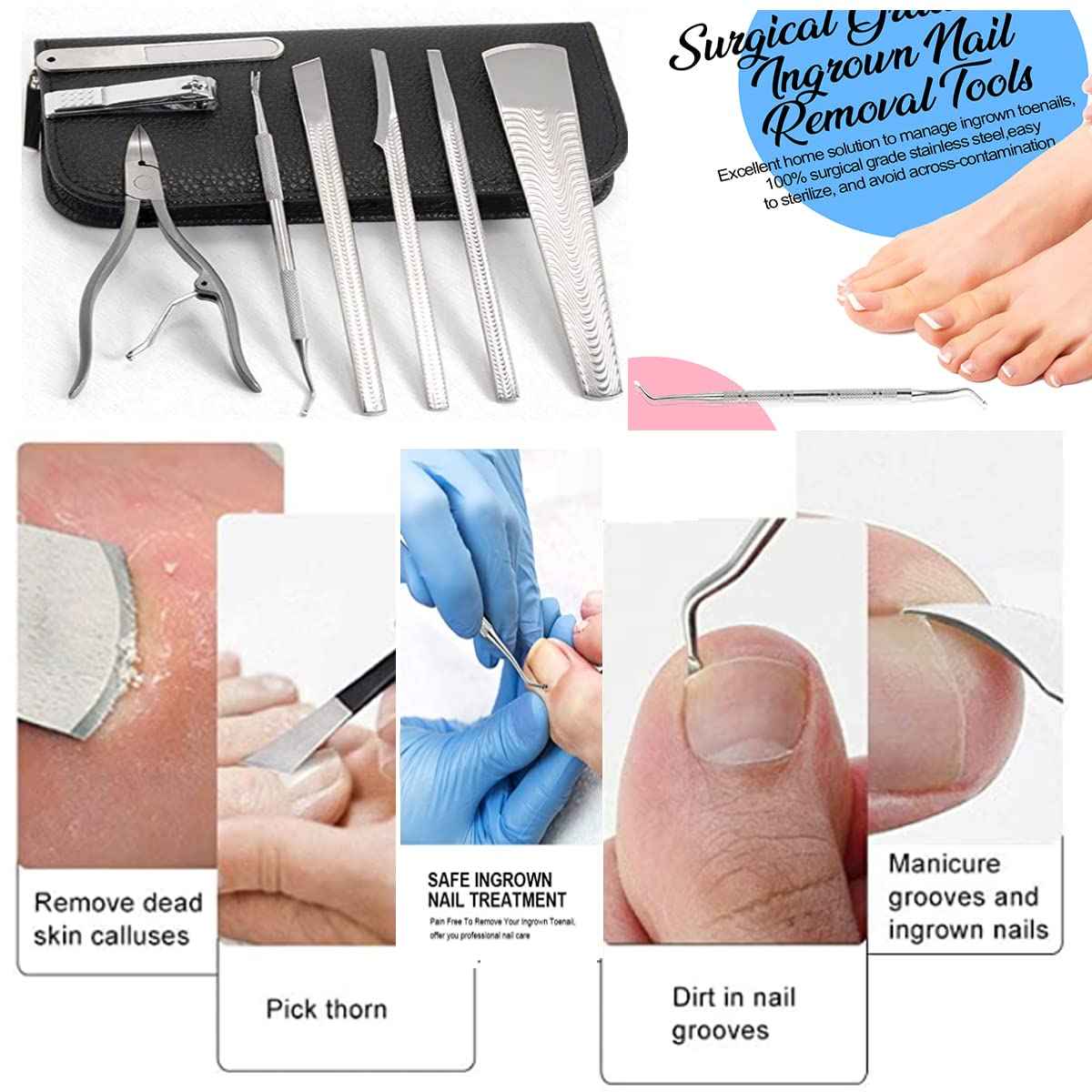 Nail Clipper,Heavy Duty Ingrown Podiatrist Toenail Tool Kit,Stainless Steel Long Handle Cosmetic Pedicure Set for Ingrown and Thick Nails for Callus 8Piece