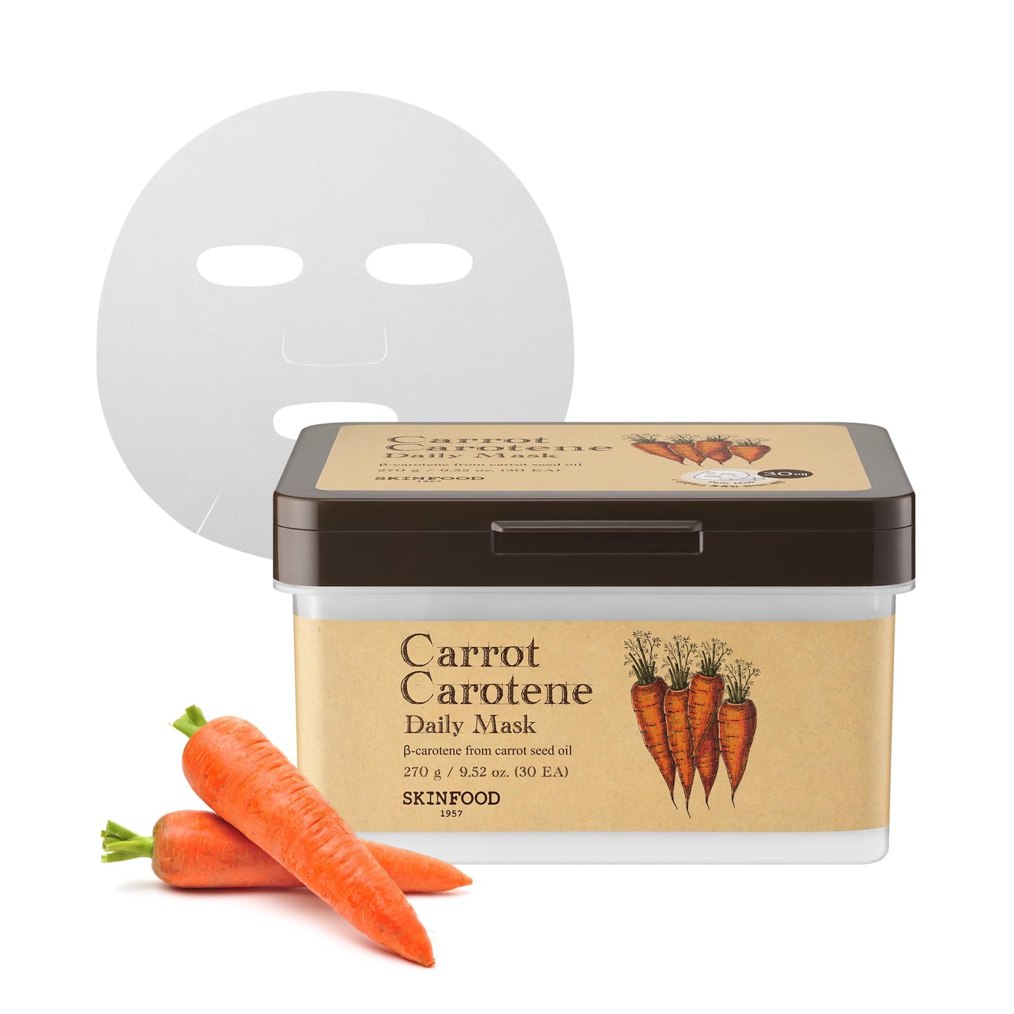 SKINFOOD Carrot Carotene Daily Mask 9.52 oz (30EA) - Soothing, Quick Hydrating, Sensitive Skin, Carrot seed oil, Relieving Redness