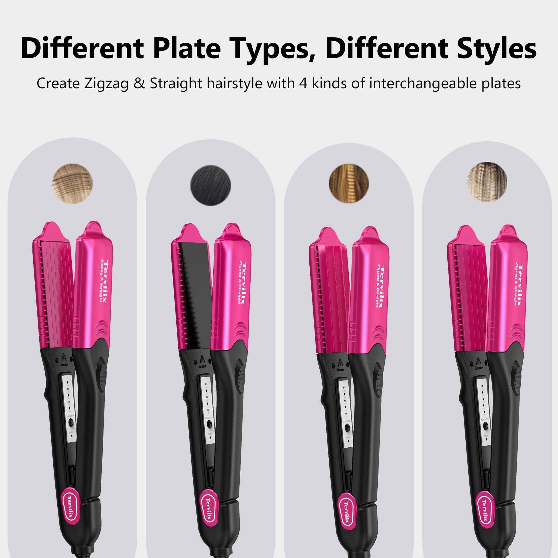 Terviiix Crimper Hair Iron with 4 Interchangeable Plates, Keratin & Argan Oil Infused Hair Crimper for Women, Volumizing Crimping Iron for Thin Fine Hair, 5 Heat Settings & 60 Mins Auto Off, Pink