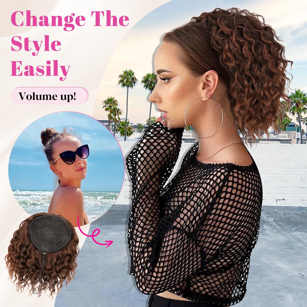 ALXNAN Wavy Curly Ponytail Extension, 8" Ombre Auburn Drawstring Ponytail for Black Women Short Soft Natural Synthetic Hairpiece Thick For Daily Use