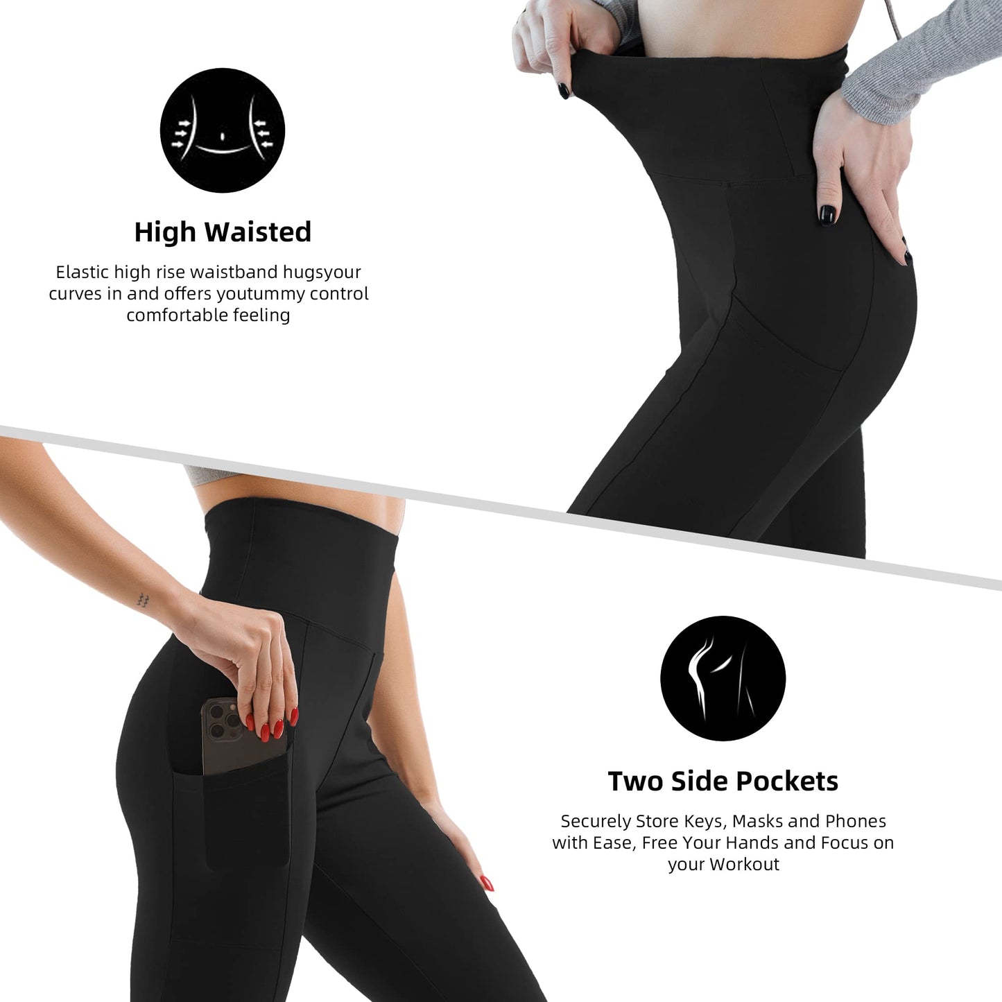 SINOPHANT High Waisted Leggings for Women - Full Length Capri Buttery Soft Yoga Pants for Workout Athletic(Pockets Black,S-M)