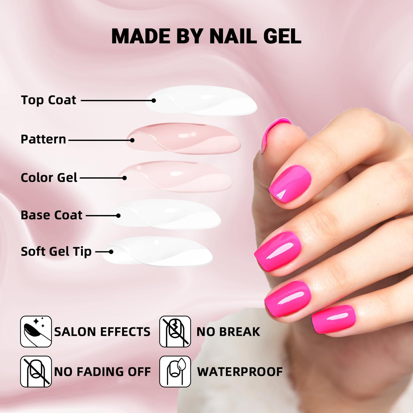 Wooyas Press on Nails Short, Neon Pink Square Handmade Gel Fake Nails Reusable，Lightweight Natural Glossy Fake Nail in 12 Sizes - 24 Pcs Soft Gel Glue On Nails Kit for Women Girls