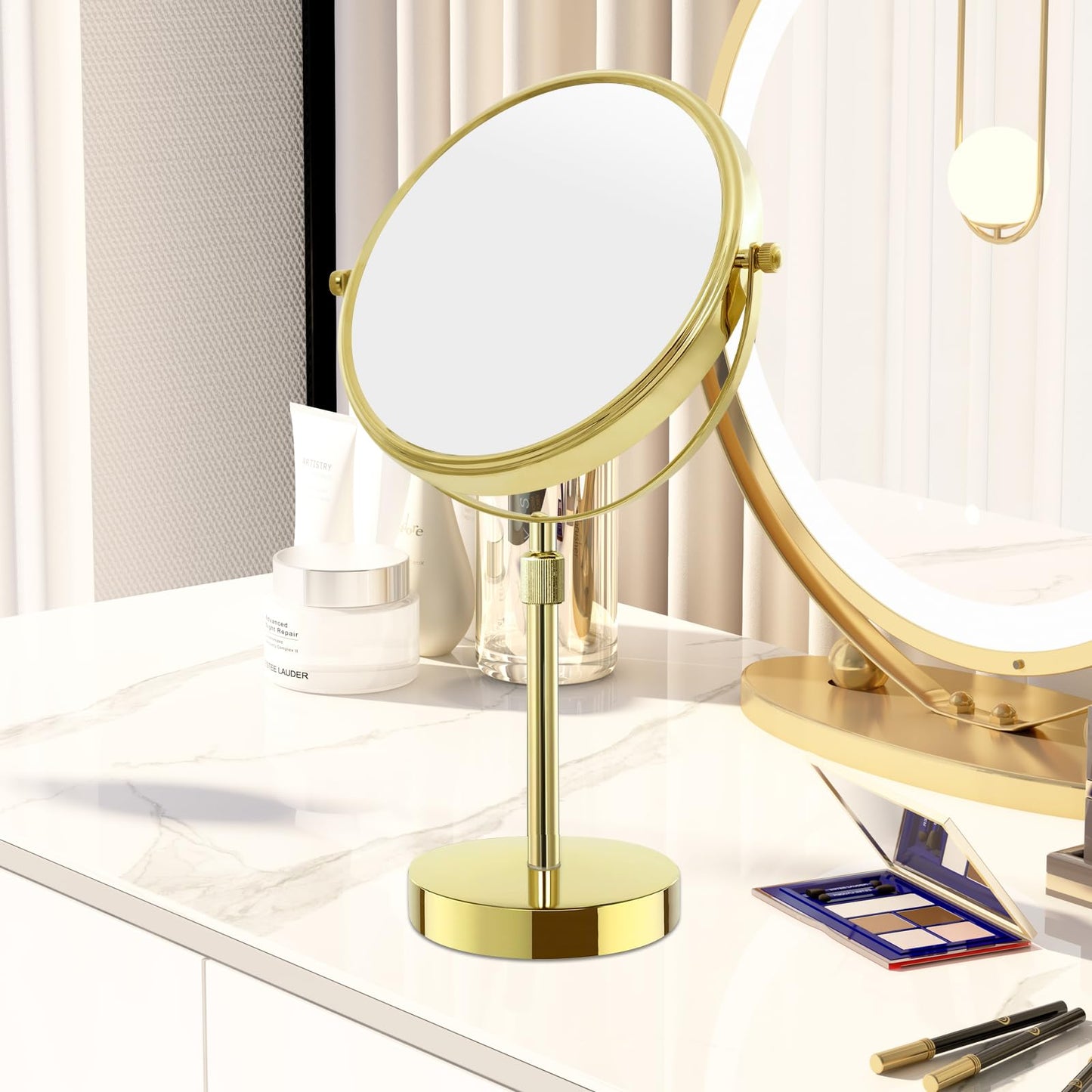 Nicesail Table Mirror 1X 10X Magnifying Mirror Double Sided, Vanity Makeup Mirror 360 Rotation 8 Inch Desk Mirror, Shiny Gold