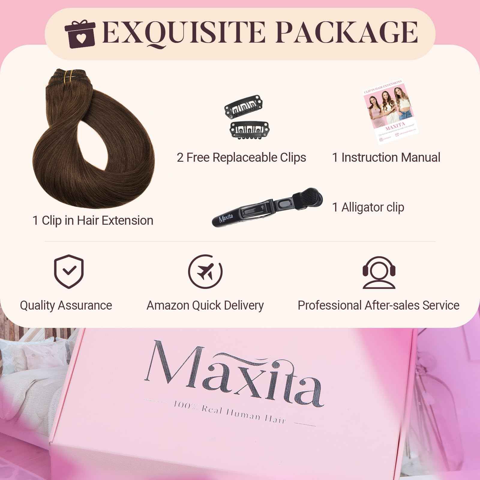 MAXITA Human Hair Clip in Extensions, Chocolate Brown 16 Inch 5pcs 75g, Remy Clip in Hair Extensions Real Human Hair Extensions Natural Straight Hair Extensions for Woman