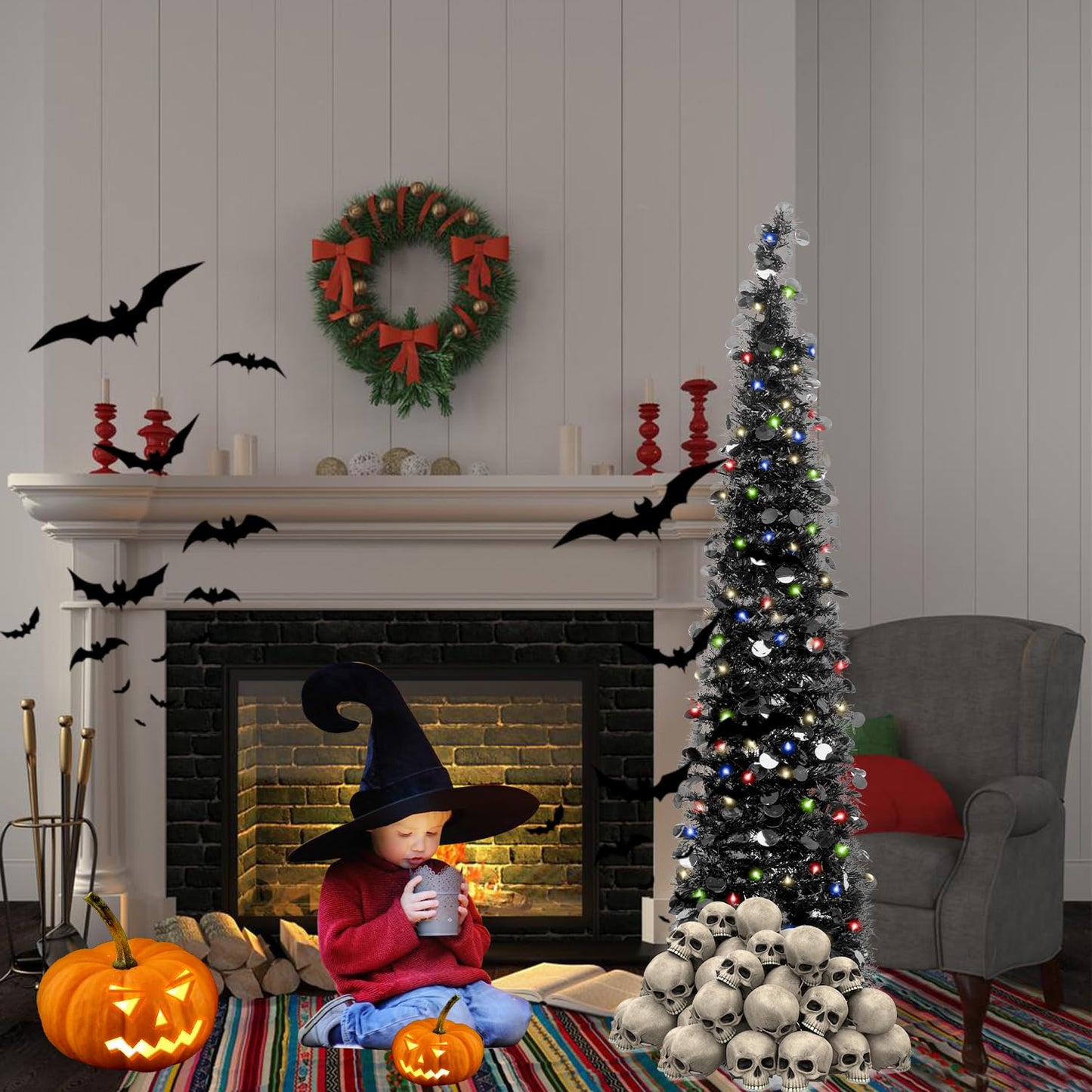 MACTING Halloween Black Tree with Lights, 5ft Pop Up Christmas Tinsel Coastal Glittery Pencil Tree for Home Holiday Party Xmas Decorations