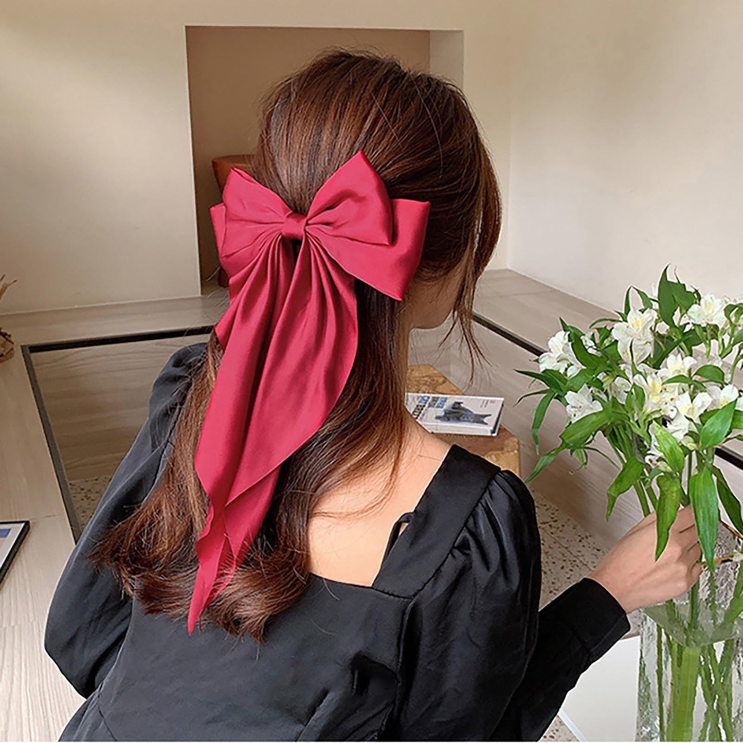 Long Tail Bow Hair Ties, Classy Women Girl Hair Styling Accessories, 90s Vintage Big Satin French Style Headdress Decor, Gift Hair Bows Spring Clip for Mom Teen Toddler Girl Stuff, Burgundy and Black