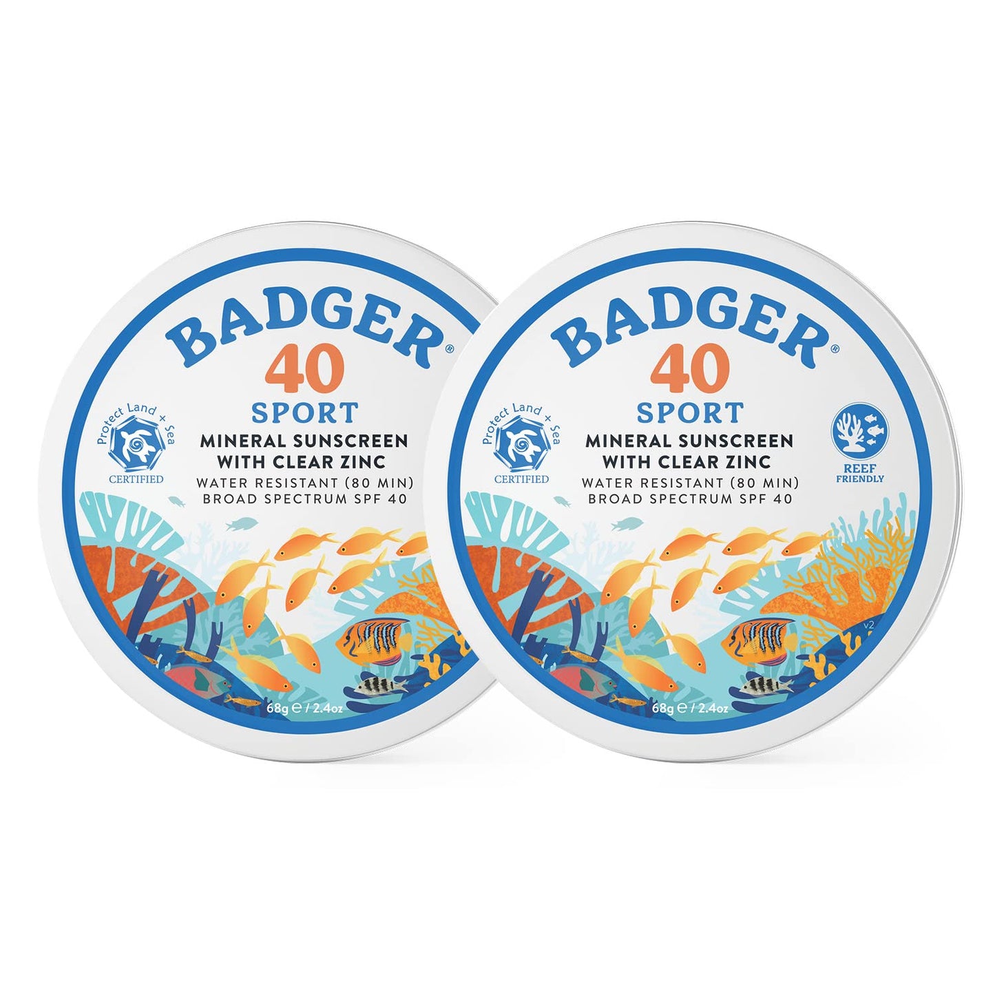 Badger Coral Reef Safe Sunscreen Tin, SPF 40 Zinc Oxide Sunscreen, Broad Spectrum, Water Resistant, Travel Size Sunscreen, Sun Skin Care, Unscented, 2.4 oz (2 Pack)