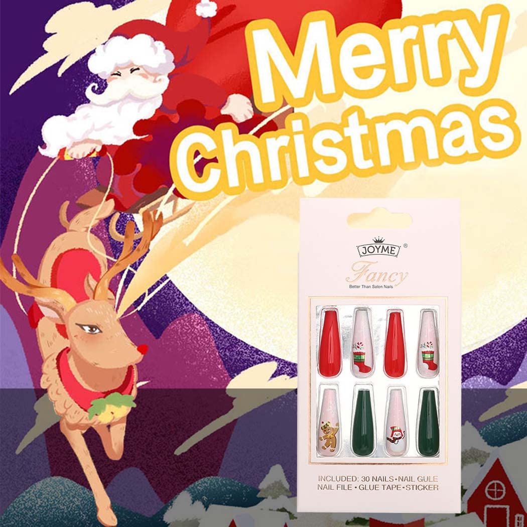 Uranian Coffin Extra Long Press on Nails Snowflake Red Christmas Fake Nails Elk Ballerina Glossy Full Cover False Nails Santa Claus Acrylic Nails Tips for Women and Girls 30 PCS (Pattern-B)