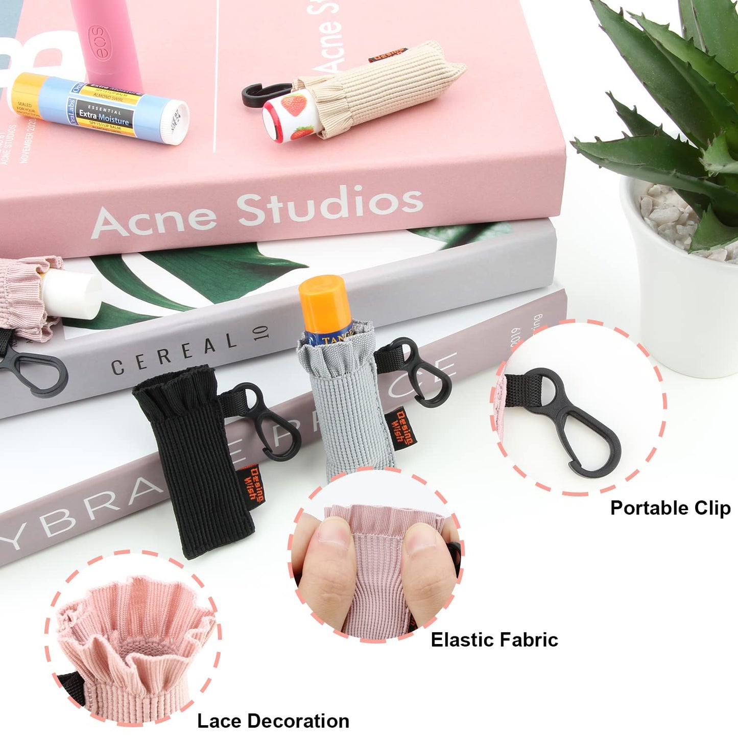 Desing Wish Lip Balm Holder Keychain, Elastic Chapstick Holder Sleeve, Cute Pattern Lip Balm Keychain Sleeves Clip On Keys/Purse/Bag 4 Pack (Black/Nude/Pink/Grey)