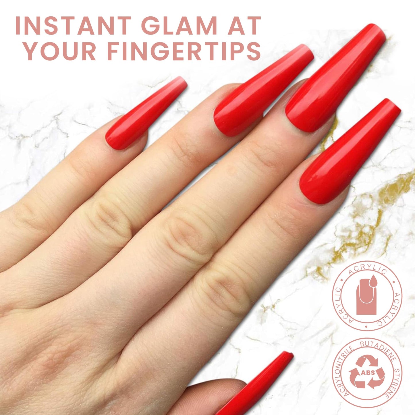 Allkem Press On Nails - Hot Red Glossy Extra Long Ballerina 2 Set Bundle | 10 sizes - 20 pcs False Nails Full Cover Nail Kit with Glue