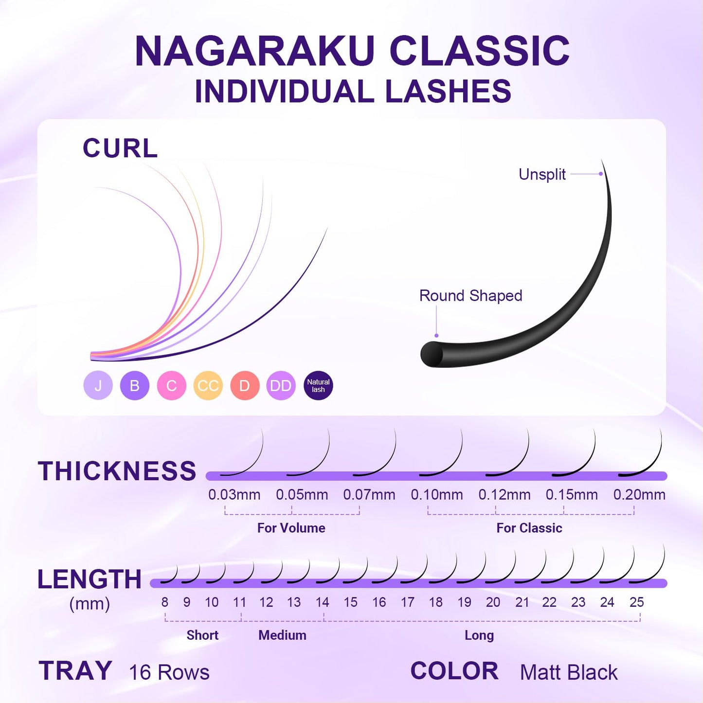 NAGARAKU Eyelash Extensions Individual Lashes Extensions Classic Lash Matte Black 16 Rows Soft Natural Matte Black Professional Beauty Salon Lash Supplies -0.07J 8mm