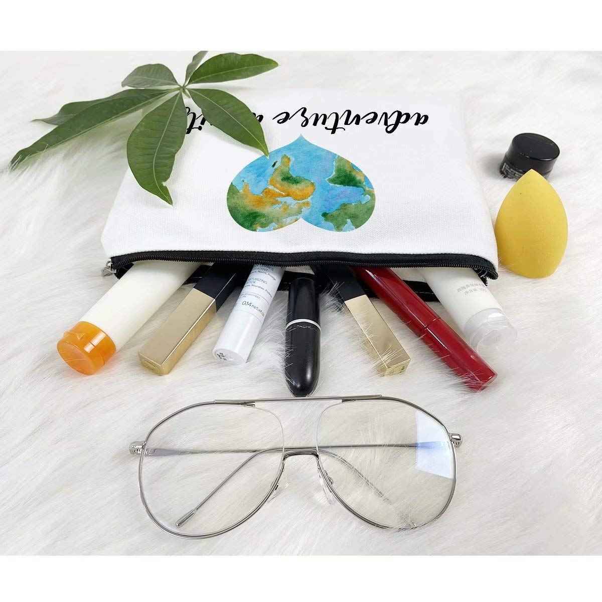 Cokosoxo Travel Bag Adventure Awaits Cosmetic Bag Nature Linen Cotton World Map Makeup Case Great Gift for Women Friends Bestie Daughter Graduation Friendship Birthday Gifts,10x7.5 Inch