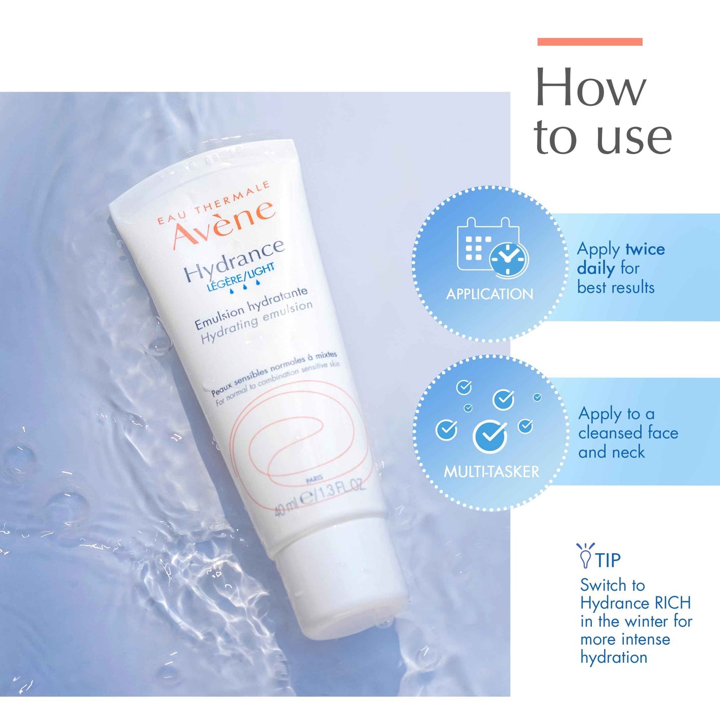 Avène Hydrance LIGHT Hydrating Emulsion, Daily Face Moisturizer Cream, Non-Comedogenic, 1.3 Oz