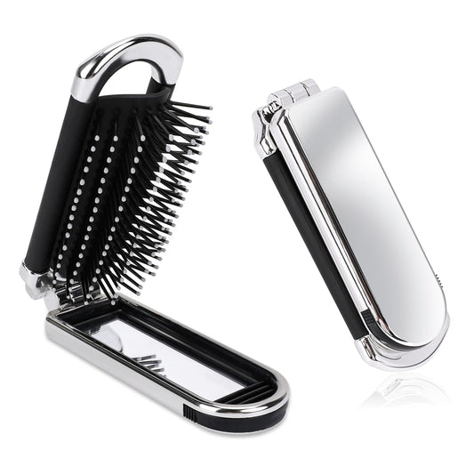 1 Pack Folding Compact Hair Brush with Mirror - Travel Pocket-Size Massage Comb for Hair Styling, Gym, Trips, and Purse (Removable Mirror)