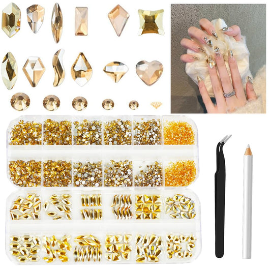 2680Pcs Champagne Gold Rhinestones Nail Gems, 120Pcs Big Golden Nails Charms with Bling Flatback Round Beads, Gold K9 Glass Clear Diamond Stones Jewelry for DIY Faces Eyes Makeup Crafts Decoration