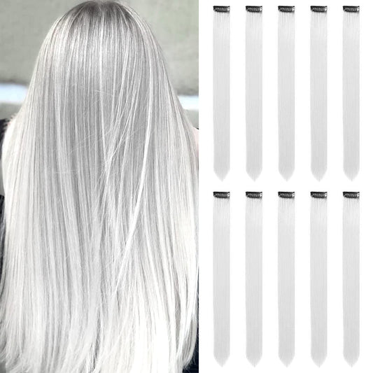 MEckily 22 inch Colored White Hair Extensions Clip in Kid's Party Highlights, White Accessories Hairpiece Straight for Girls Women (10 Pcs White)