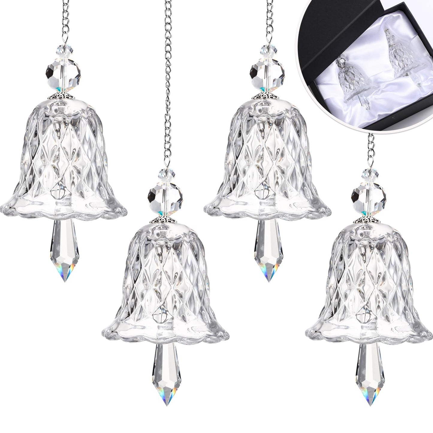 Maxcheck 4 Packs Christmas Bell Ornaments Glittering Christmas Ornaments Christmas Tree Crystal Glass Bell Charms Gifts for Christmas Xmas Tree Window Room Wedding Decoration(Clear)