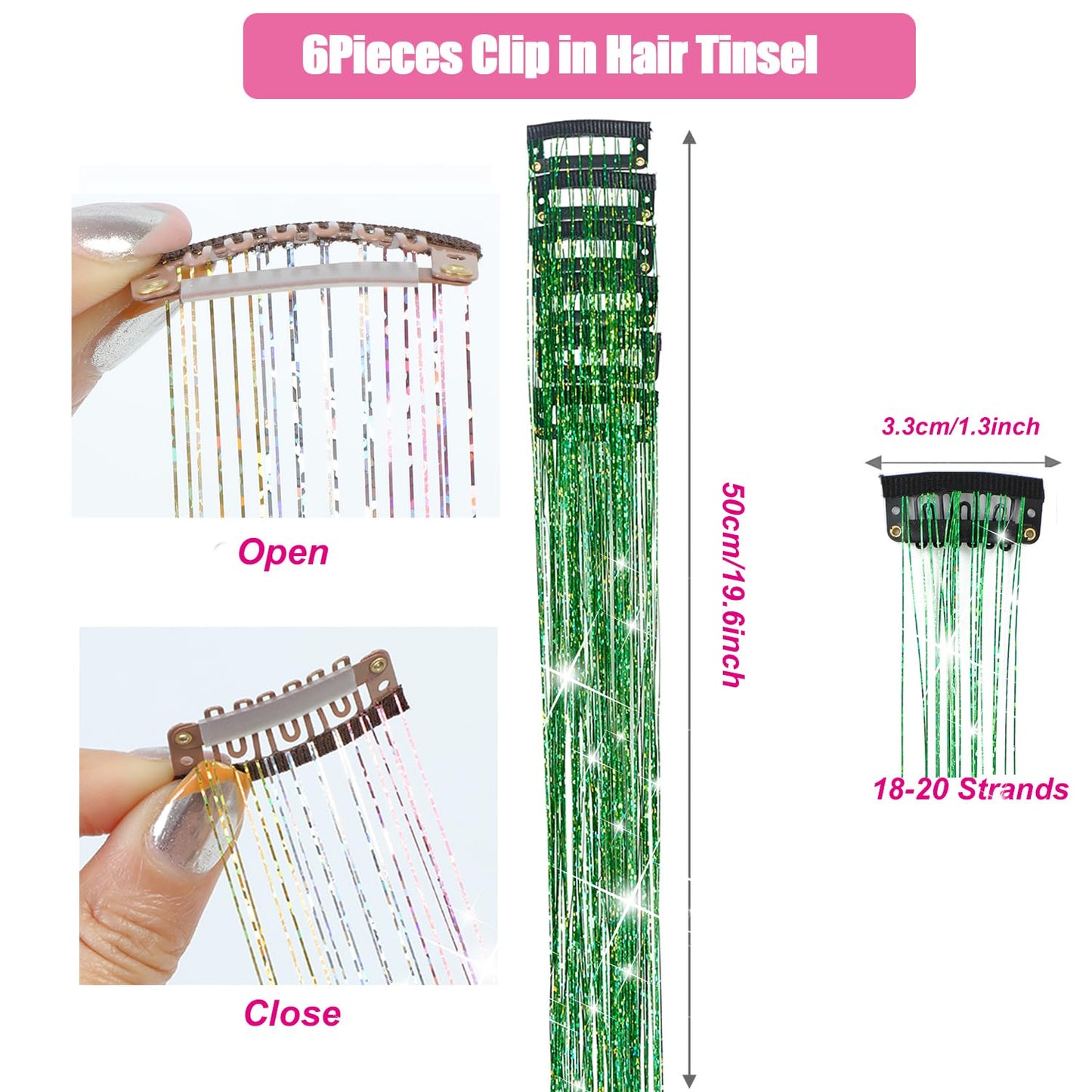 Hair Tinsel Kit 1000 Strands and 6 Pcs Clip in Hair Tinsel Glitter Tinsel Hair Extensions Heat Resistant Sparkling Fairy Hair Accessories for Kids Women Girls (Green)