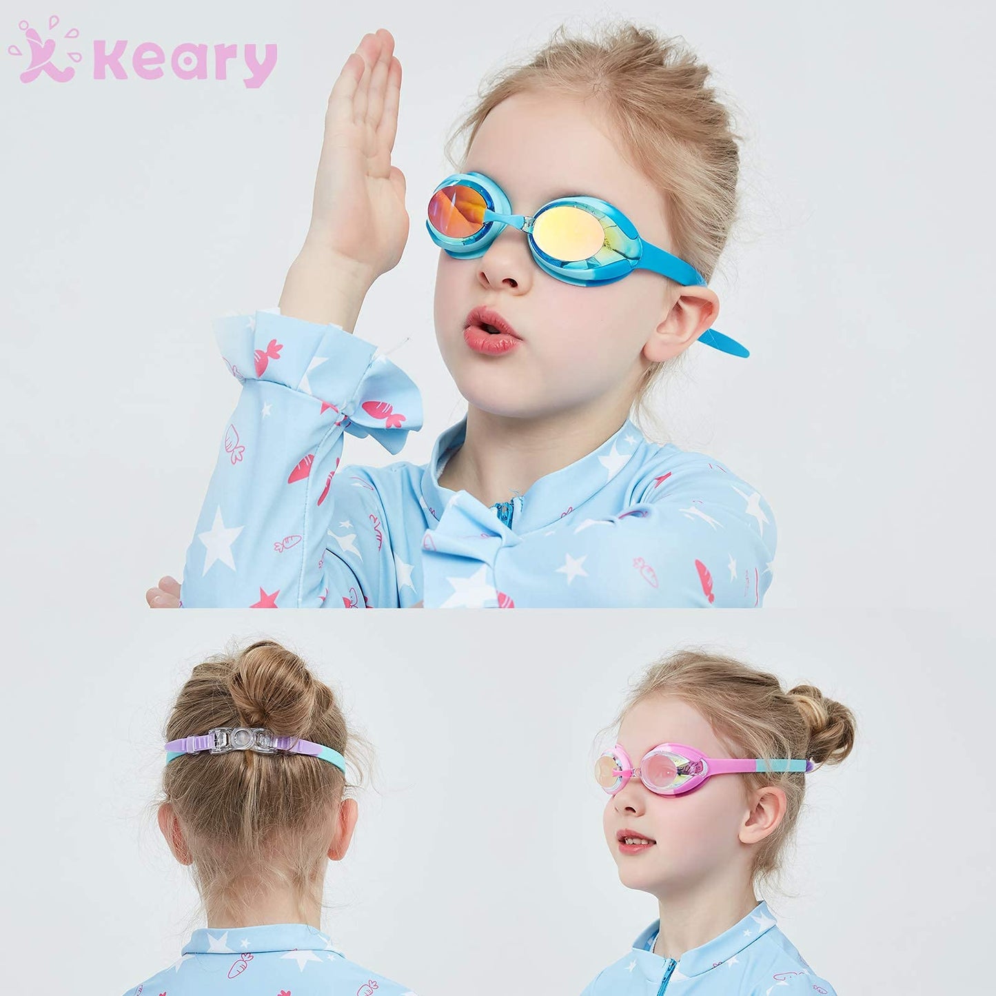 Keary 2 Pack Kids Swim Goggles Swimming Goggles for Toddler Children Girls Boys Youth, Anti-Fog Waterproof Anti-UV Clear Vision Mirror Flat Lens Water Pool Goggles with 3 Nose Pieces, Kids Goggles