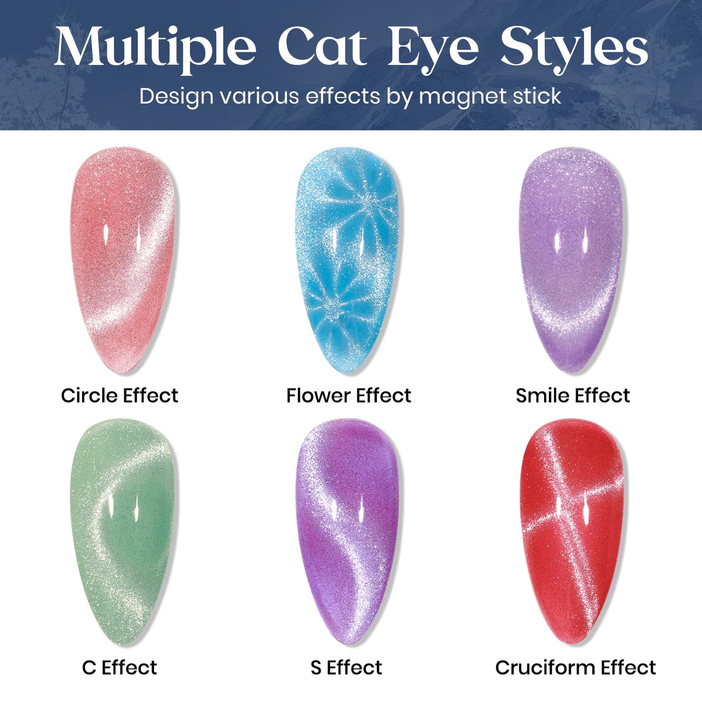 MIZHSE Cat Eye Gel Nail Polish, 8 Colors Smoothie Magnetic Gel Polish Kit with Magnet Stick, Holographic Glitter Galaxy Winter Colors Silver Purple Pink Soak Off Nail Art Salon Home Manicure Gift