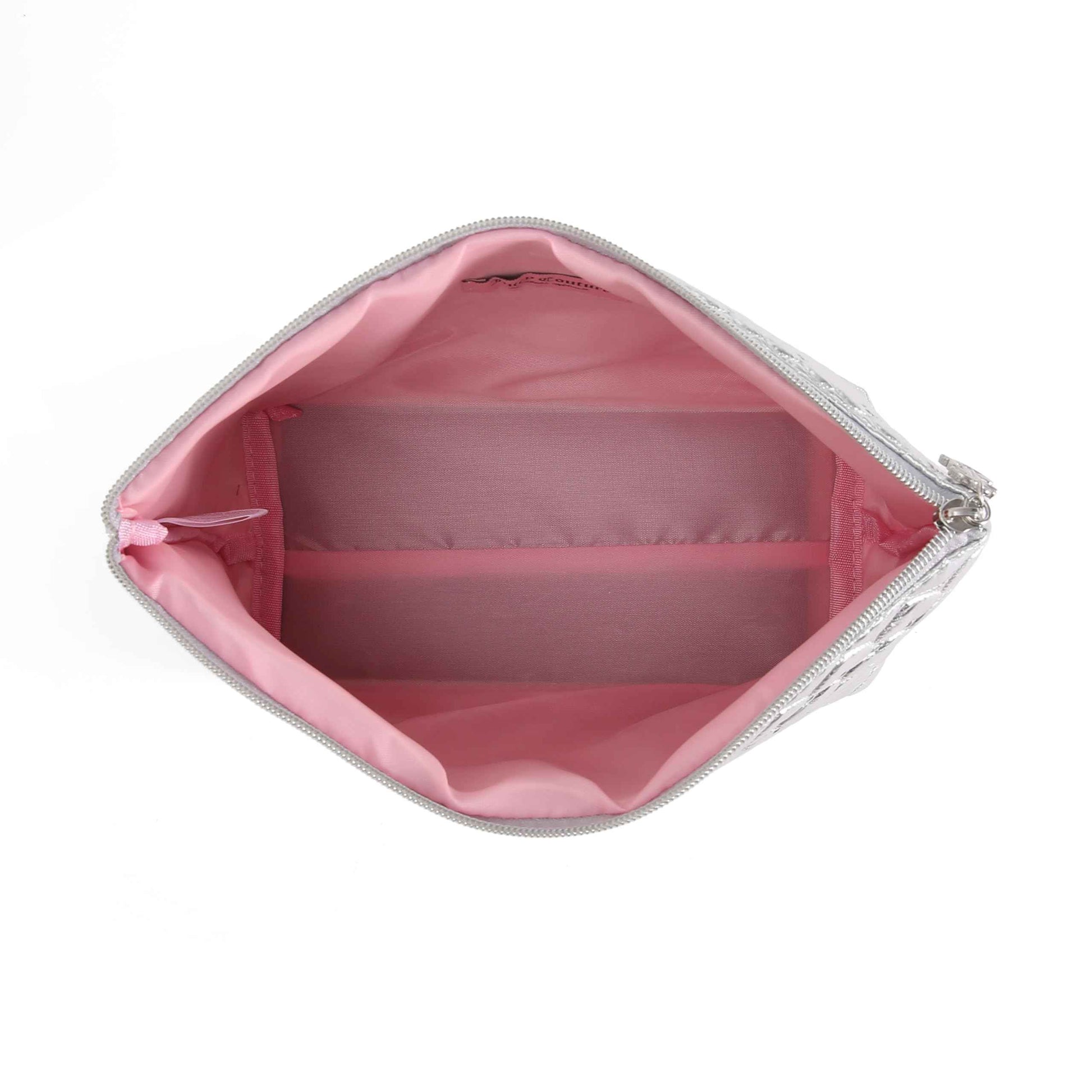 Juicy Couture Silver Makeup Bag Cosmetics Organizer Travel Essentials Top Zip Pouch Shiny Quilted Heart