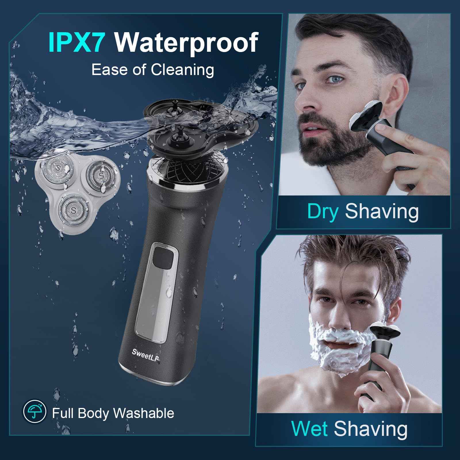 Electric Razor for Men with Travel Case, SweetLF 100% Waterproof Electric Shaver,Wet Dry Shaving/Rechargeable/Sideburns/Trimmer/Nose Trimmer/Type C Charging Cable