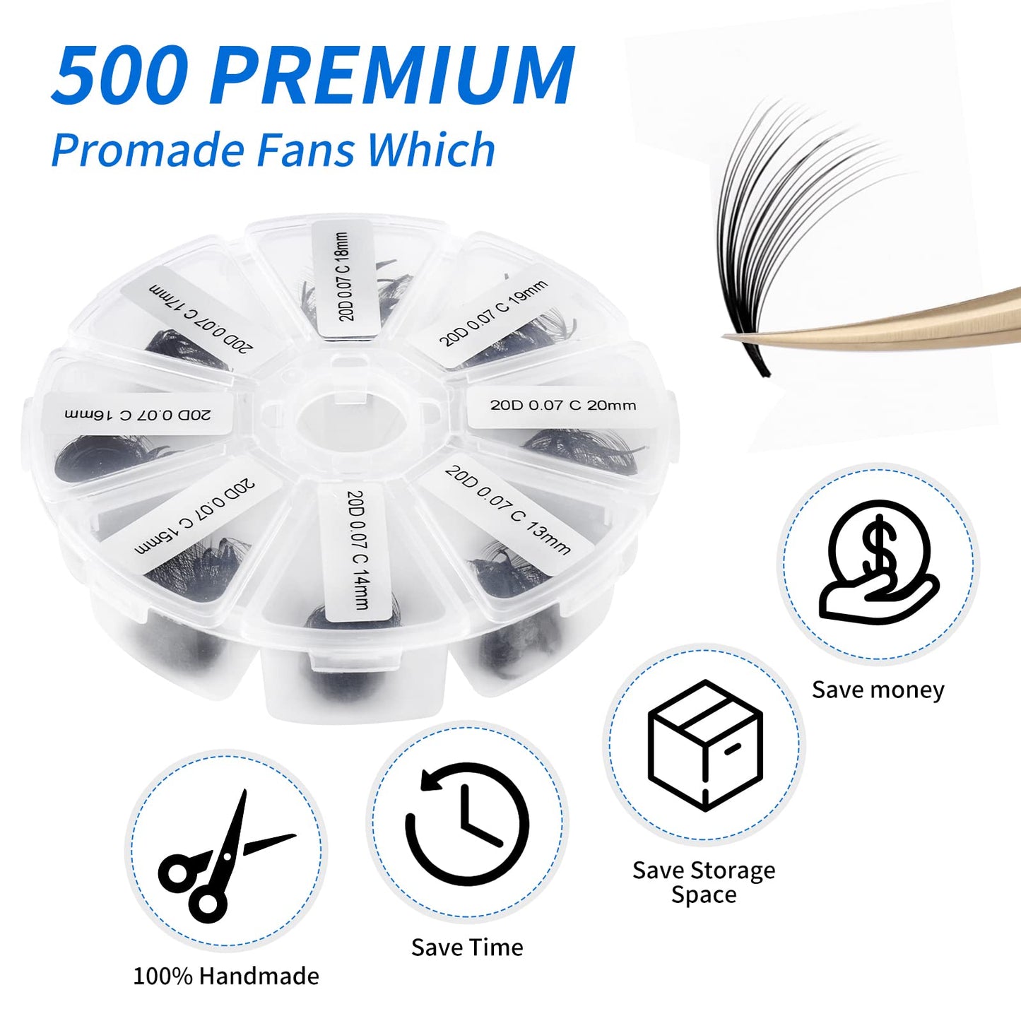 Premade Fans Short Stem 500 PCS 20D Eyelash Extensions 0.07mm C/D Curl 9-16mm Mixed WENDY LASHES Russian Volume Pre-made Lash Extension (500PCS-20D-0.07-D, 9-16mm mixed)