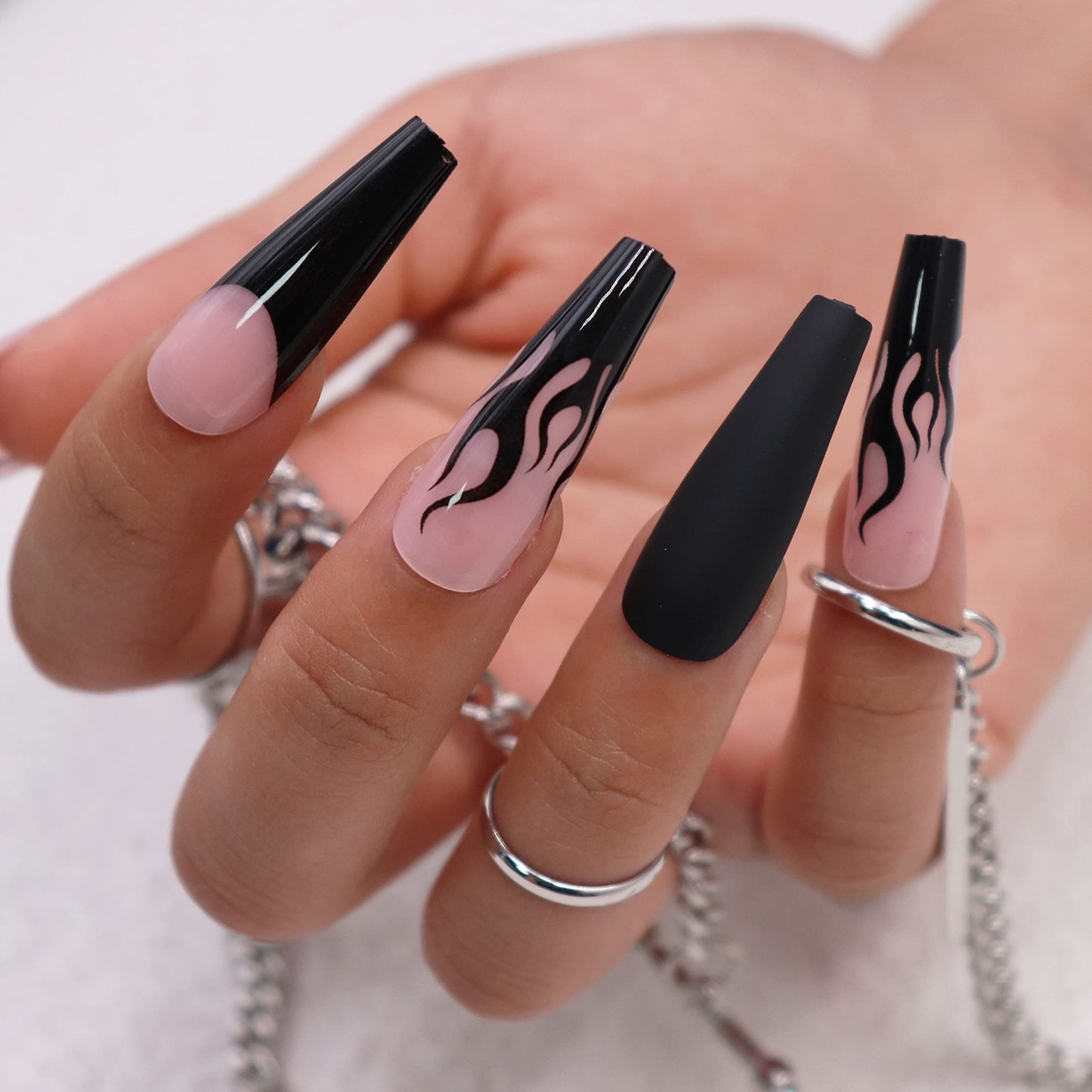 MISUD Long Coffin Press on Nails Ballerina Fake Nails Goth Black Flame Acrylic Nails Matte Glue on Nails Gothic Fire Sick on False Nails with Design 30 pcs