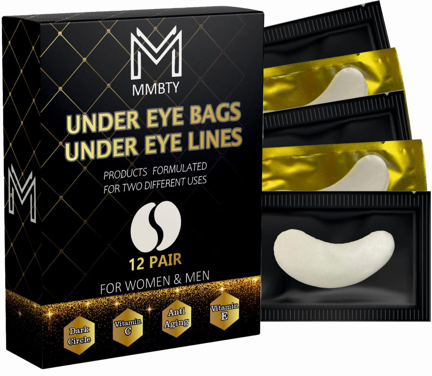 MMBTY 2 in 1 Under Eye Patches 12 Pairs, Under Eye Lines, Under Eye Bags, Eye Masks for Dark Circles And Puffy Eyes, Eye Masks for Skin Care, Gold Eye Patches for Puffy Eyes,Eye Masks for Rare Beauty