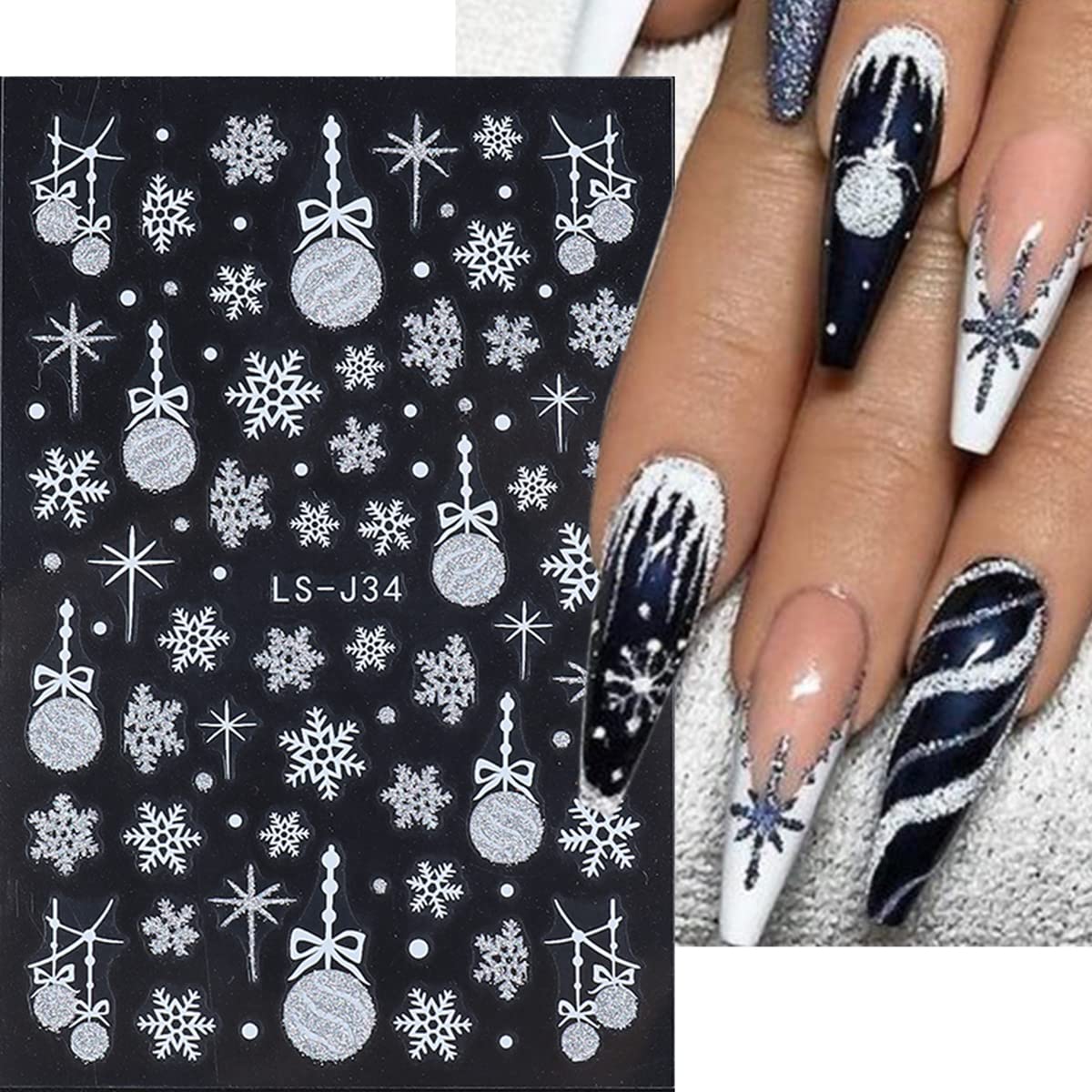 6 Sheets Snowflakes Nail Art Stickers Self-Adhesive Winter Nail Art Supplies Christmas Nail Stickers Glitter Snowflake French Stripe Design 3D White Gold Nail Decals for Women Xmas Nail Decor Charms