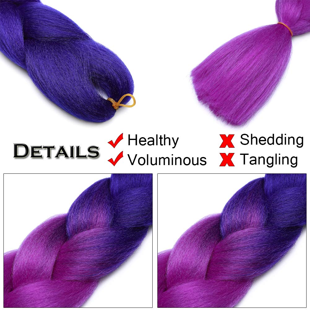 Benehair Ombre Braiding Hair 1 Bundle 24inch Jumbo Braiding Hair Extensions High Temperature Synthetic Braid Hair Braiding Hair Pre Stretched Braid Extensions (Royal Blue+Purplish Red)