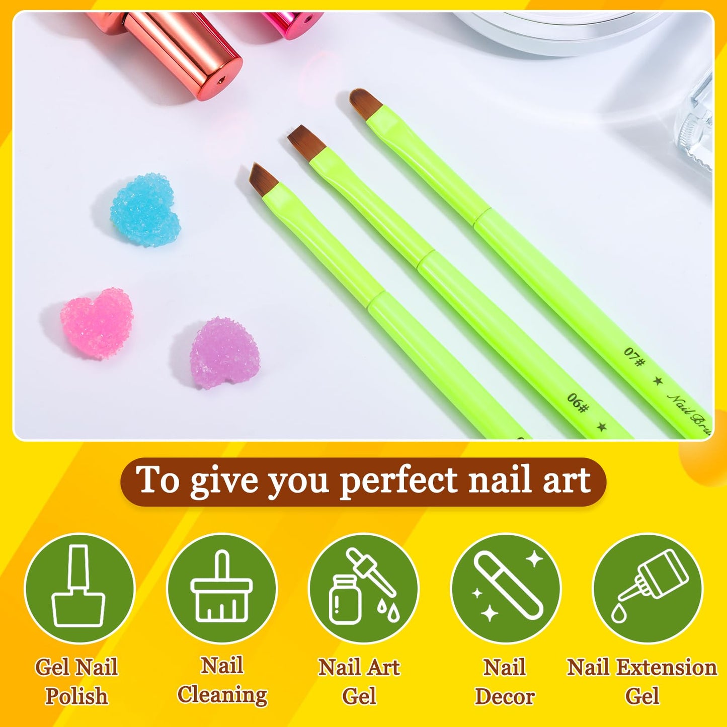 Fluorescent Green Nail Art Clean Up Brushes for Cleaning Polish Mistakes on the Cuticles, Acetone Resistant Nail Brushes, and Fingernail Cleaning Brushes for Nail Art and Designs (Round&flat&Bevel)