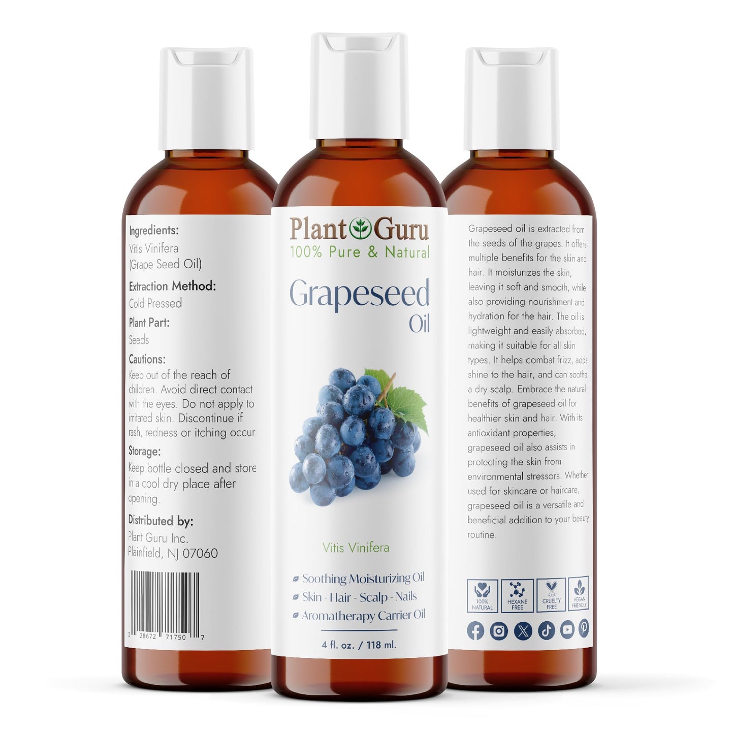 Grapeseed Oil 4 oz. Cold Pressed 100% Pure Natural Carrier for Skin, Body, Face, and Hair Growth Moisturizer. Great for Creams, Lotions, Lip balm and Soap Making.