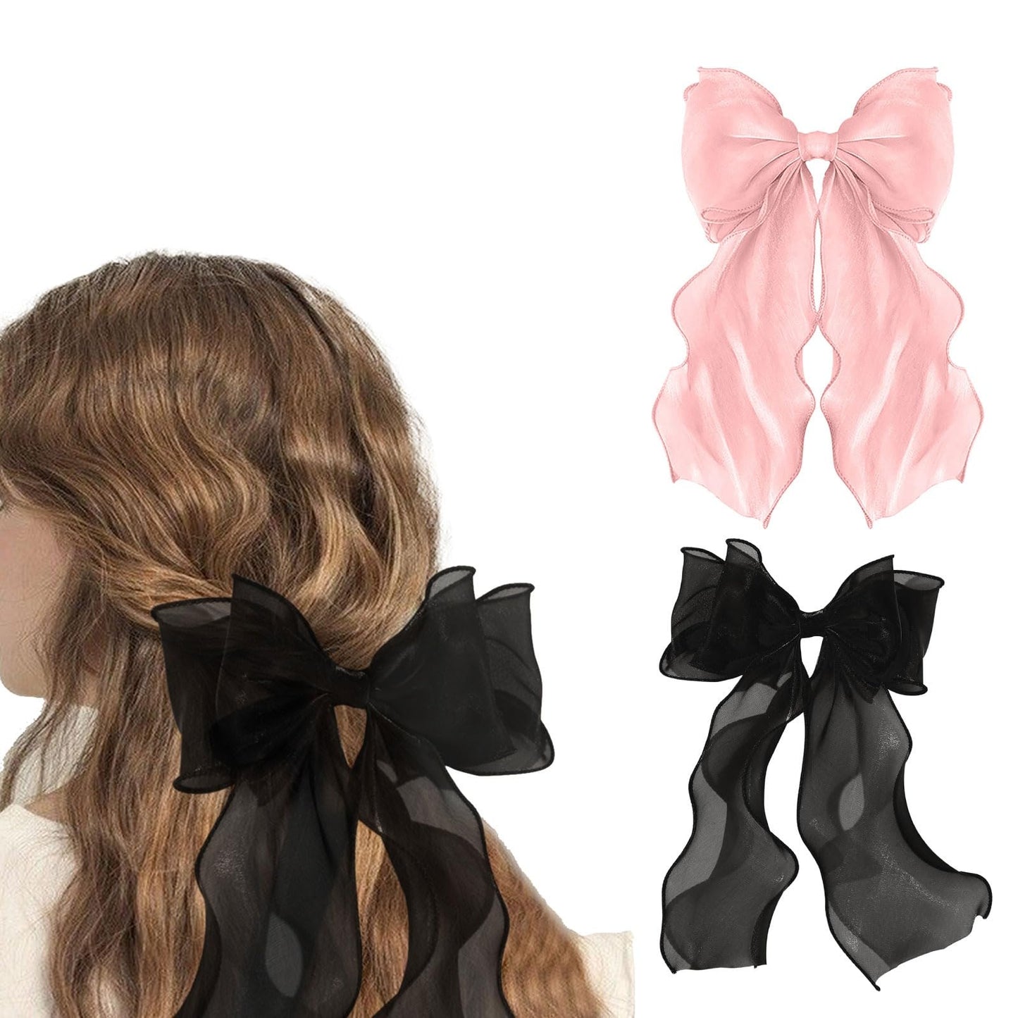 papasgix Silk Hair Bow Clips: Big Solid Color Ribbons for Women and Girls (2, Pink + Black)