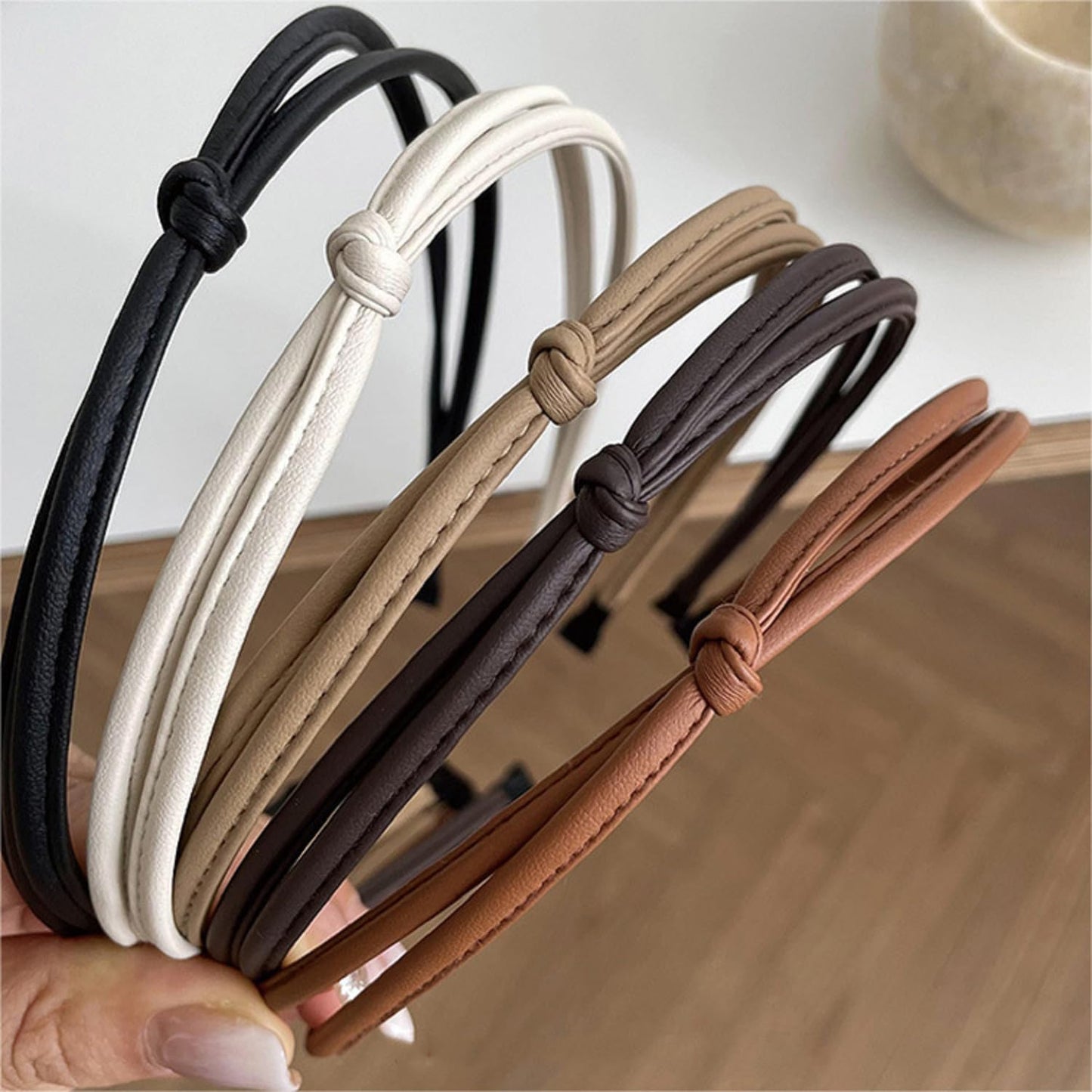 WOVOWOVO 5 Pcs Thin Leather Headbands for Women, Cute Knotted Head Bands for Women’s Hair Fashion Kont Headband Black Brown White Headbands for Girls Womens Hair Accessories