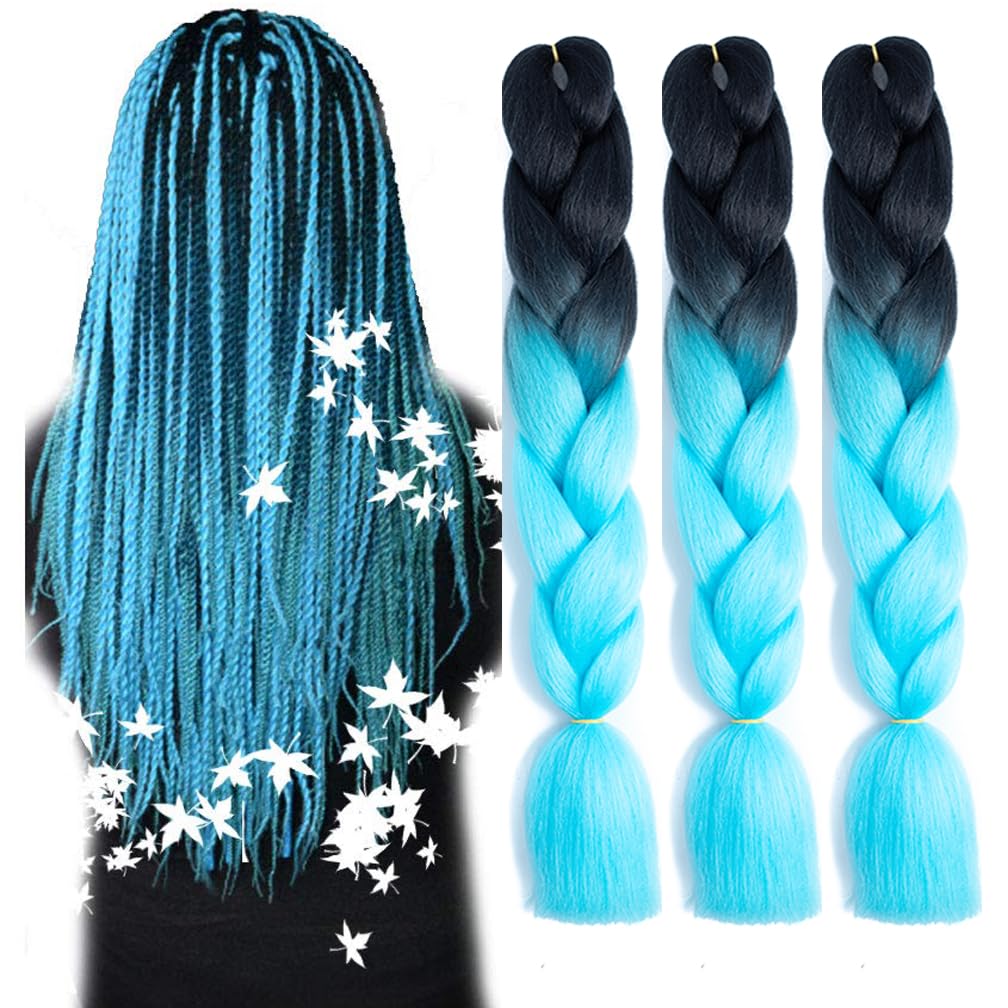 Braiding Hair Ombre Black to Sky Blue Kanekalon Braid Hair Extensions Hot Water Setting High Temperature Synthetic Fiber 24 Inches(B23-3Pack)