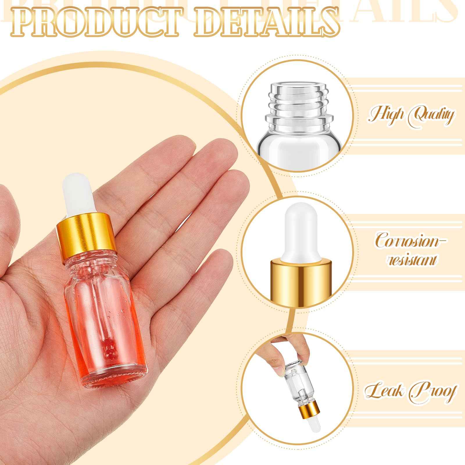 Didaey 100 Pcs Mini Glass Oil Dropper Bottle Bulk, Clear Essential Small Empty Bottles Sample Containers Perfume Liquid Vials with Cap for Traveling (10 ml,Gold)