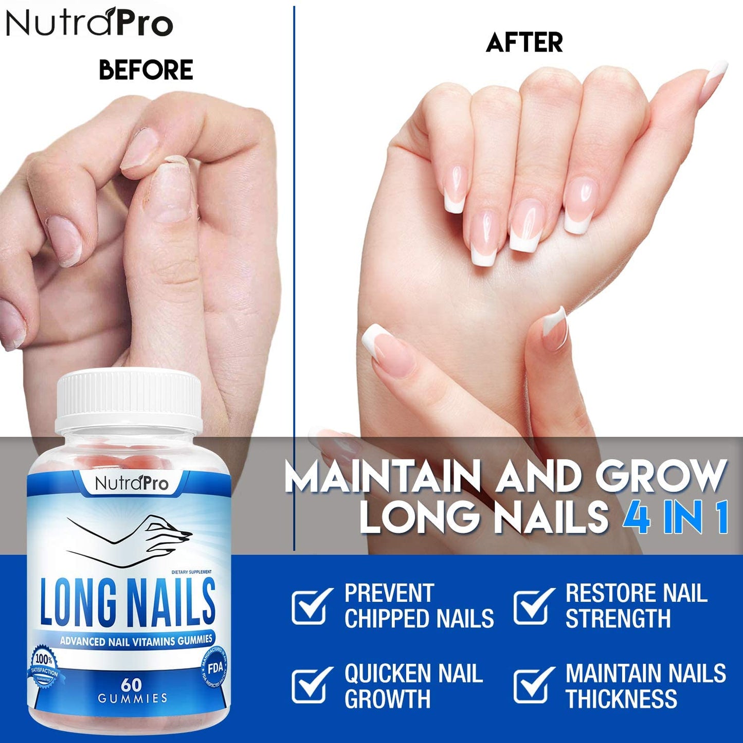 NutraPro Nail Growth Vitamins for Stronger Nail - No More Chipped Nails.Nail Strengthener and Growth Supplement Gummies – Grow Strong Long Nails with Biotin and Collagen Gummies.