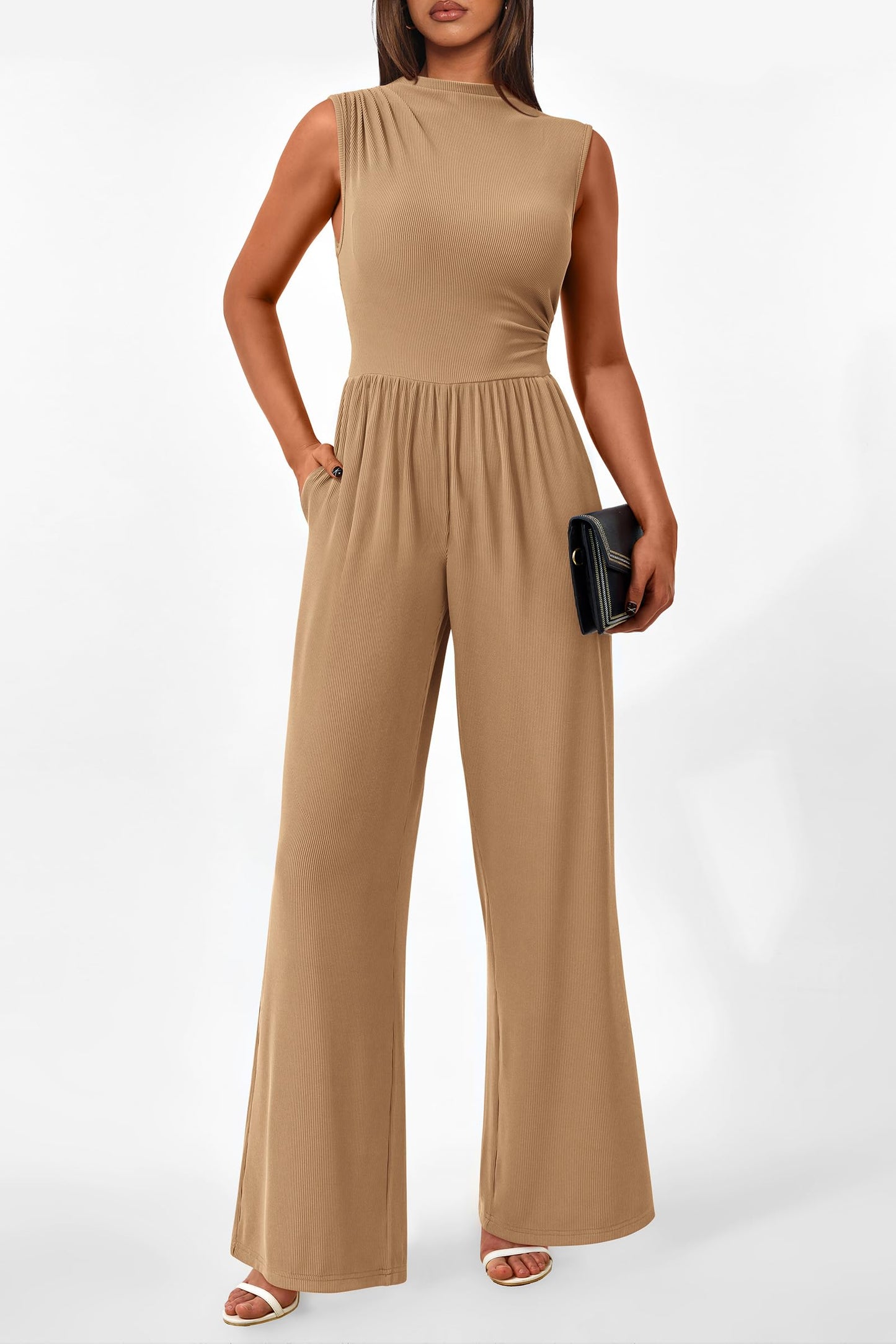 PRETTYGARDEN Womens Summer Jumpsuits Dressy Casual One Piece Outfits Sleeveless Mock Neck Wide Leg Pants Rompers with Pockets (Style2-Camel,Small)