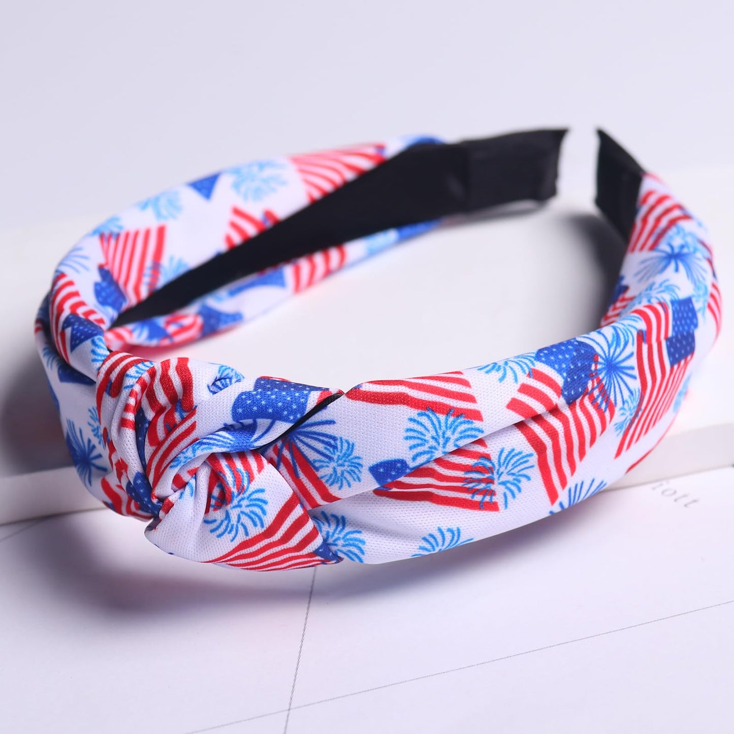 HIFANMM 4th of July Headband Independence Day Hair Accessories for Women Girls USA Flag Fireworks Hair Decoration Non Slip Wide Knotted Hair Band Patriotic Parade Makeup Decor Supplies 1 Pcs