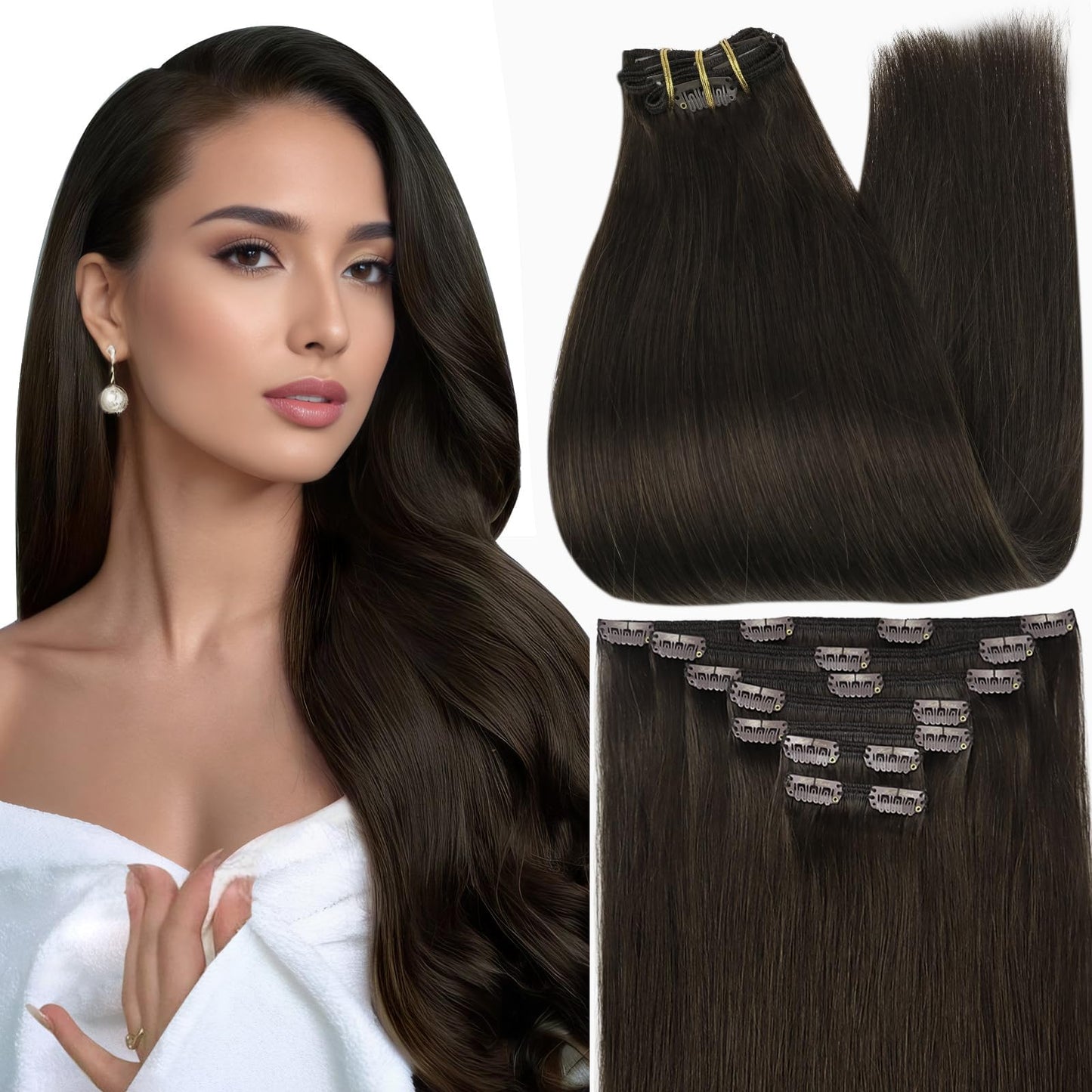 Full Shine Short Brown Hair Extensions Clip in Human Hair Triple Weft Remy Hair Clip in Extensions Invisible Clip in Hair Extensions Dark Brown Hair Extensions Straight Brazilian Hair 10 Inch 7 Pcs